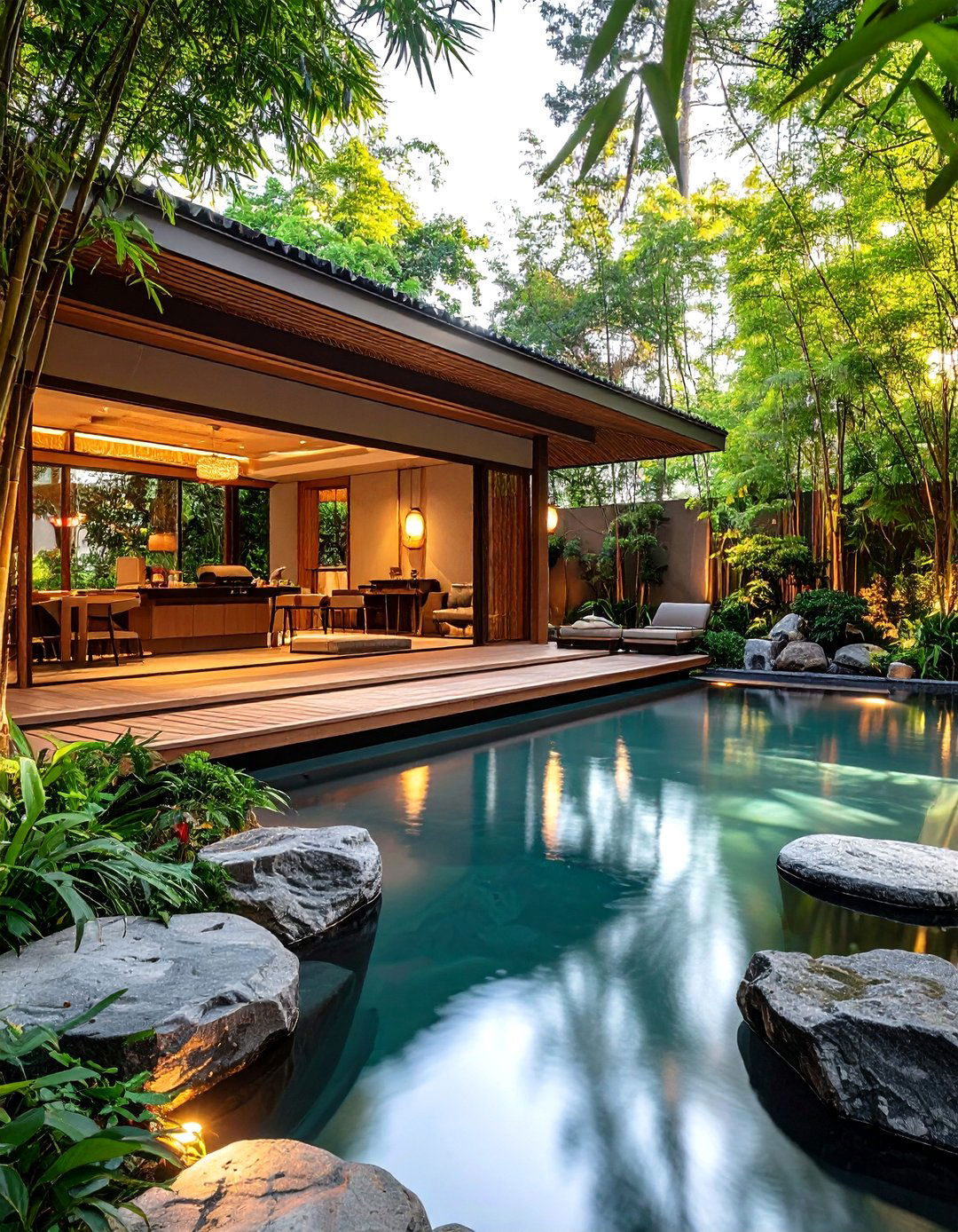 Asian Zen Pool House with Teppanyaki Cooking - 24 Pool House With Outdoor Kitchen Ideas