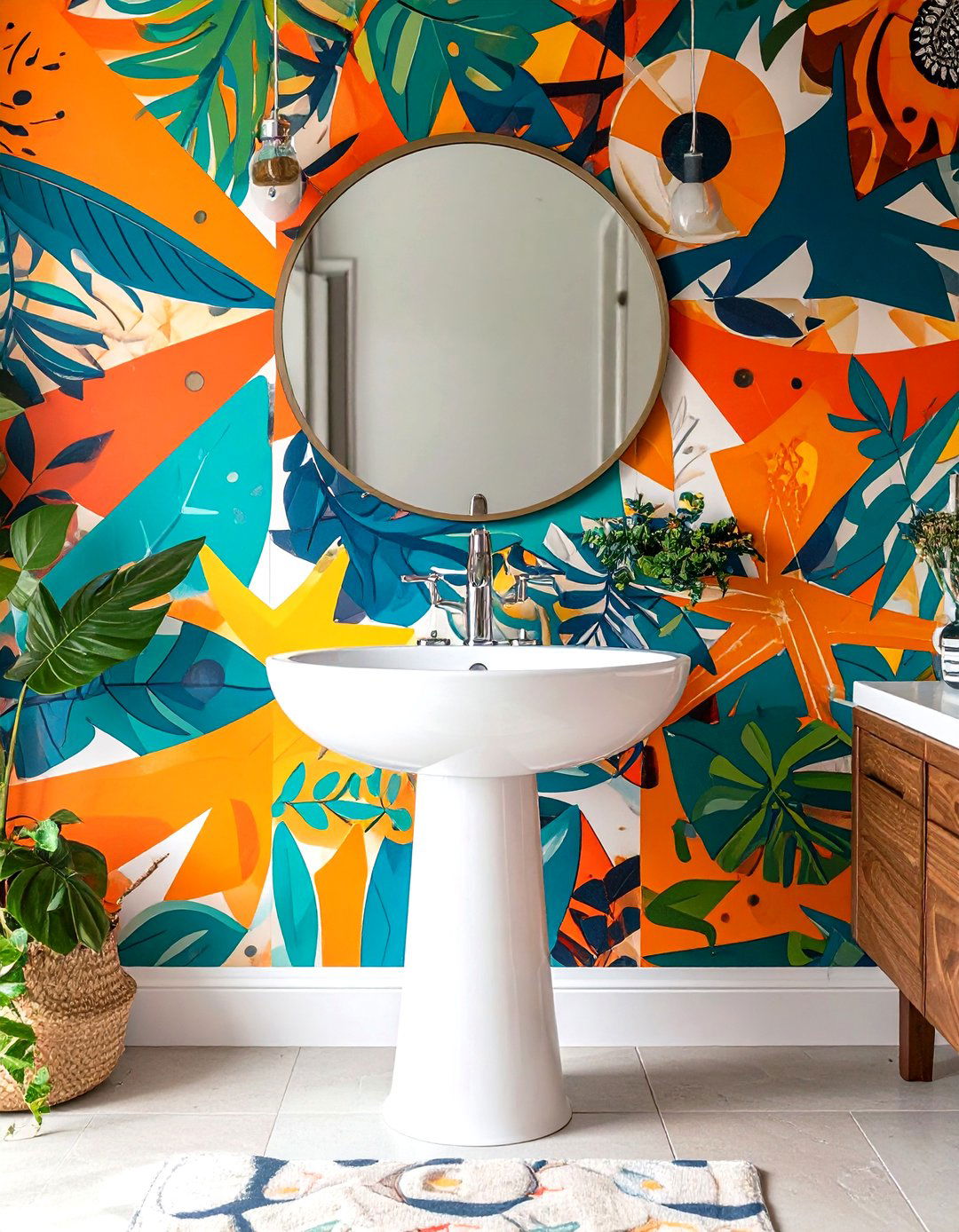 Atomic Pattern Wallpaper Bathroom with Pedestal Sink - 24 Mid-century Modern Bathroom Ideas
