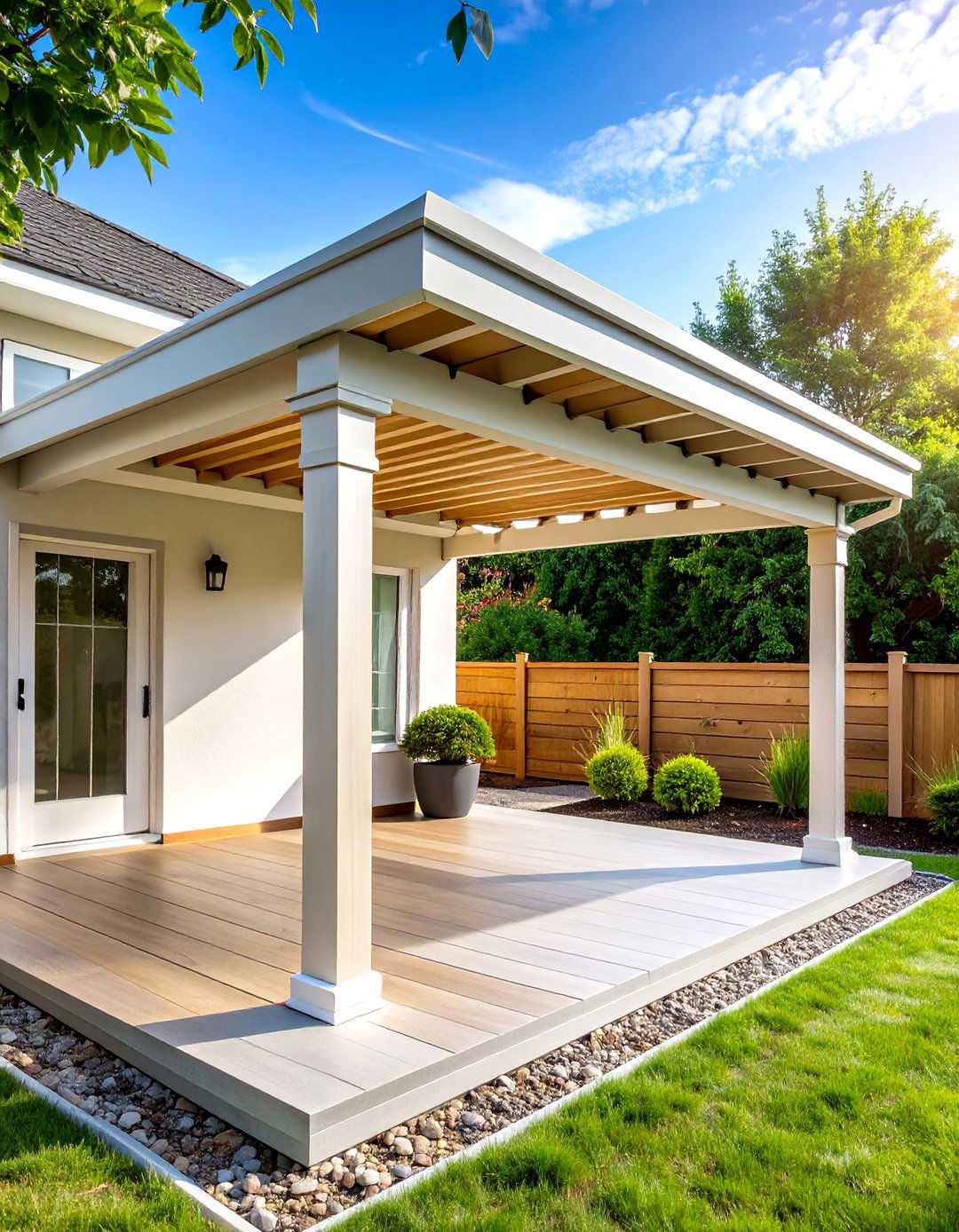 Attached Vinyl Pergola with Integrated Gutters - 24 Patio Pergola Ideas