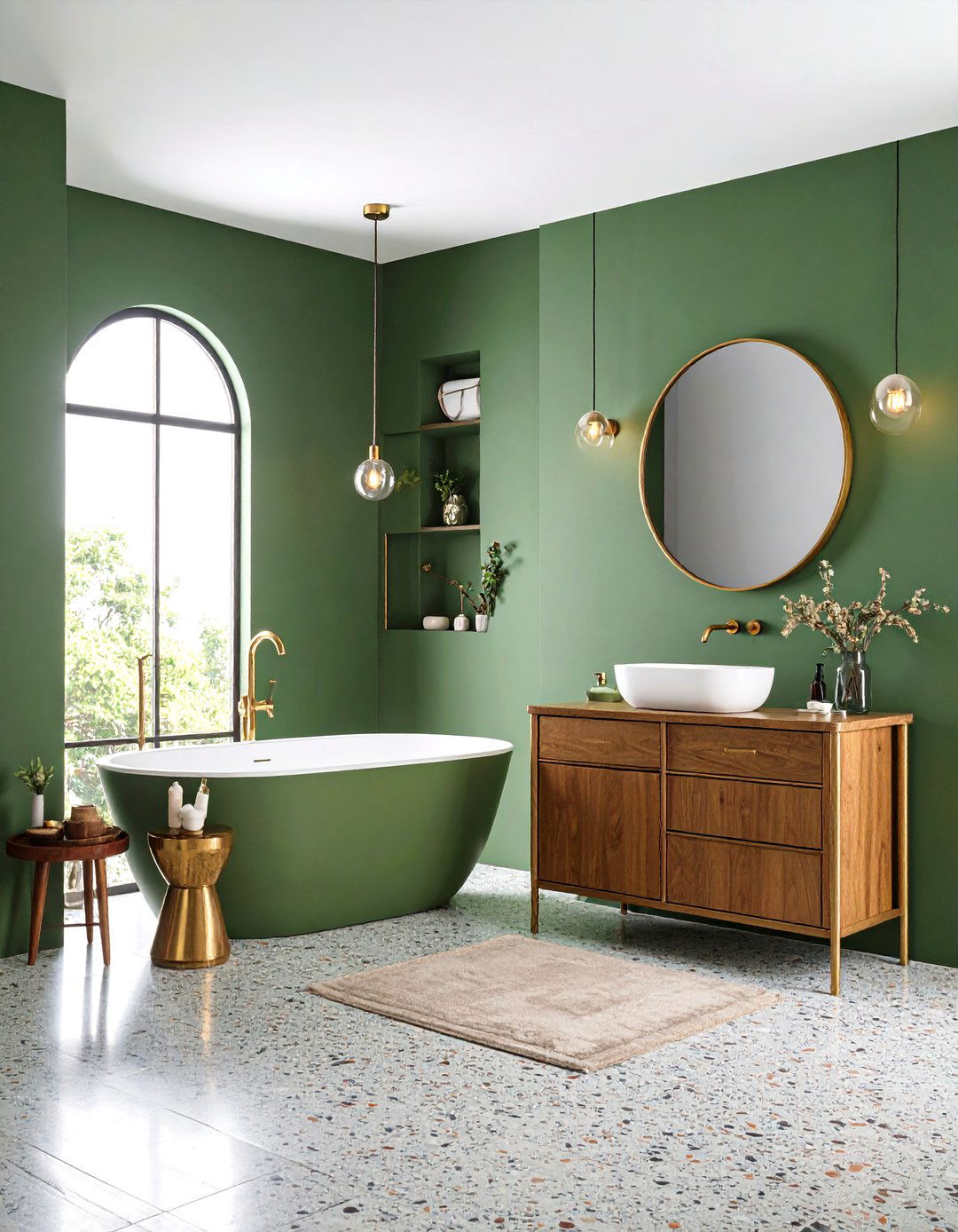 Avocado Green Accent Wall with Grey Terrazzo Floors - 24 Green and Grey Bathroom Ideas