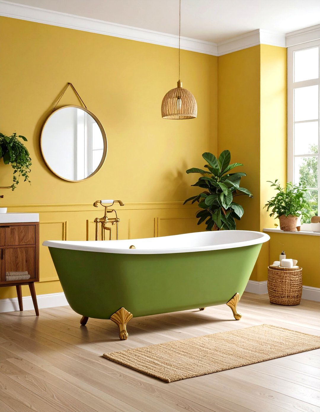 Avocado Green Bathtub with Pale Yellow Walls - 24 Yellow and Green Bathroom Ideas