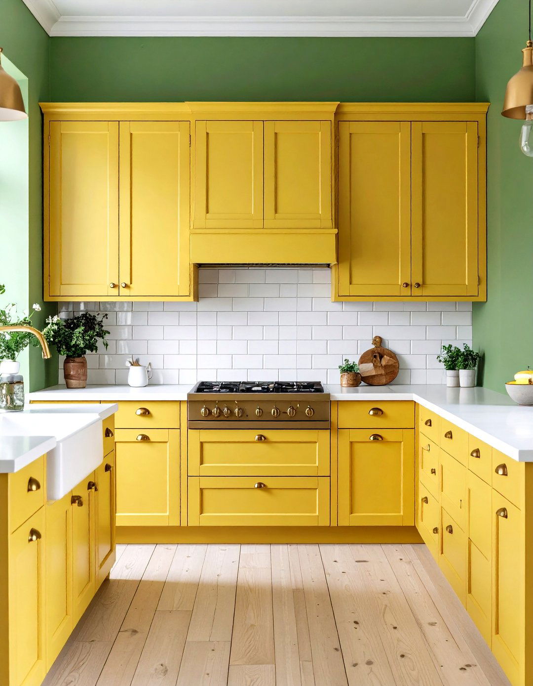 Avocado Green Walls with Pale Yellow Vintage Cabinets - 24 Green and Yellow Kitchen Ideas