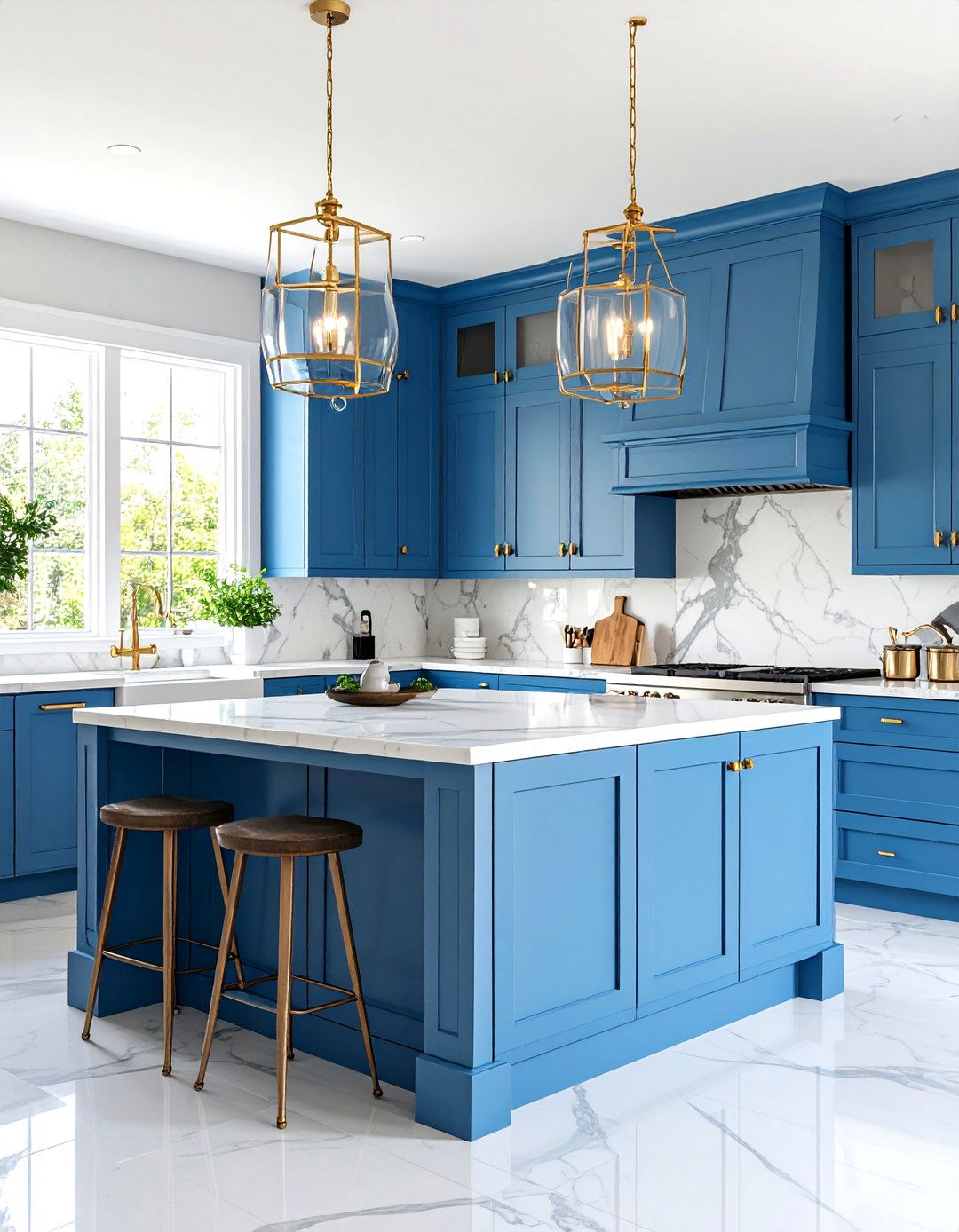 Azure Blue Farmhouse Kitchen with Marble Backsplash - 24 blue farmhouse kitchen cabinets