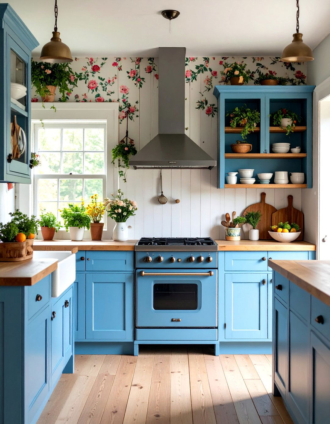 Baby Blue Cottage Cabinets with Floral Wallpaper Accents - 24 Light Blue Kitchen Cabinets Ideas