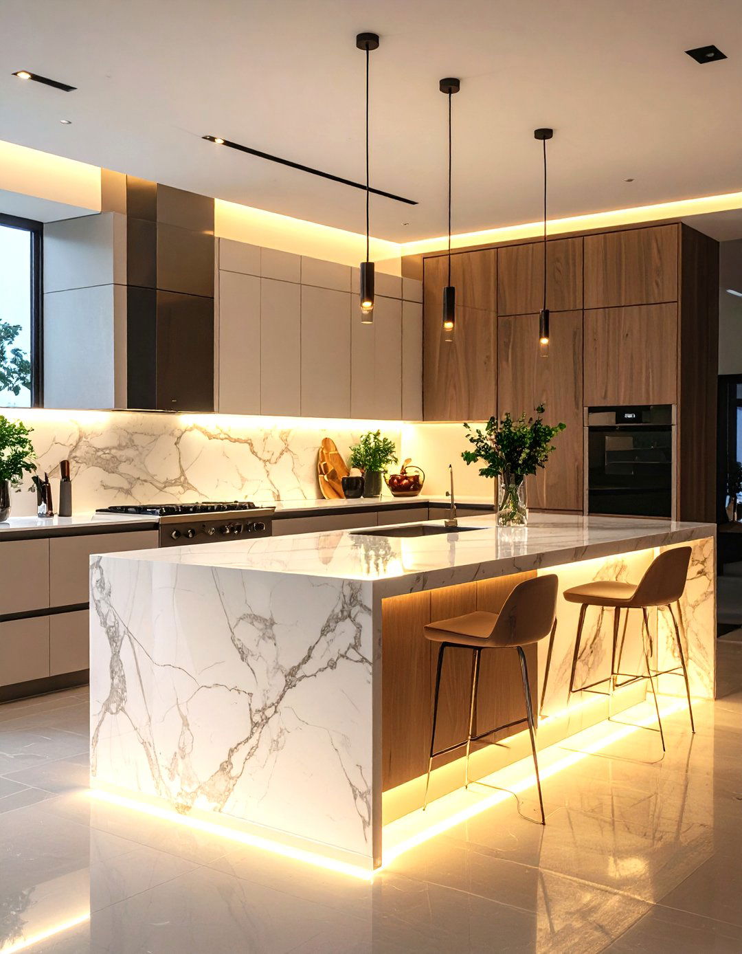 Backlit Marble Waterfall Island - 24 Waterfall Kitchen Island Ideas