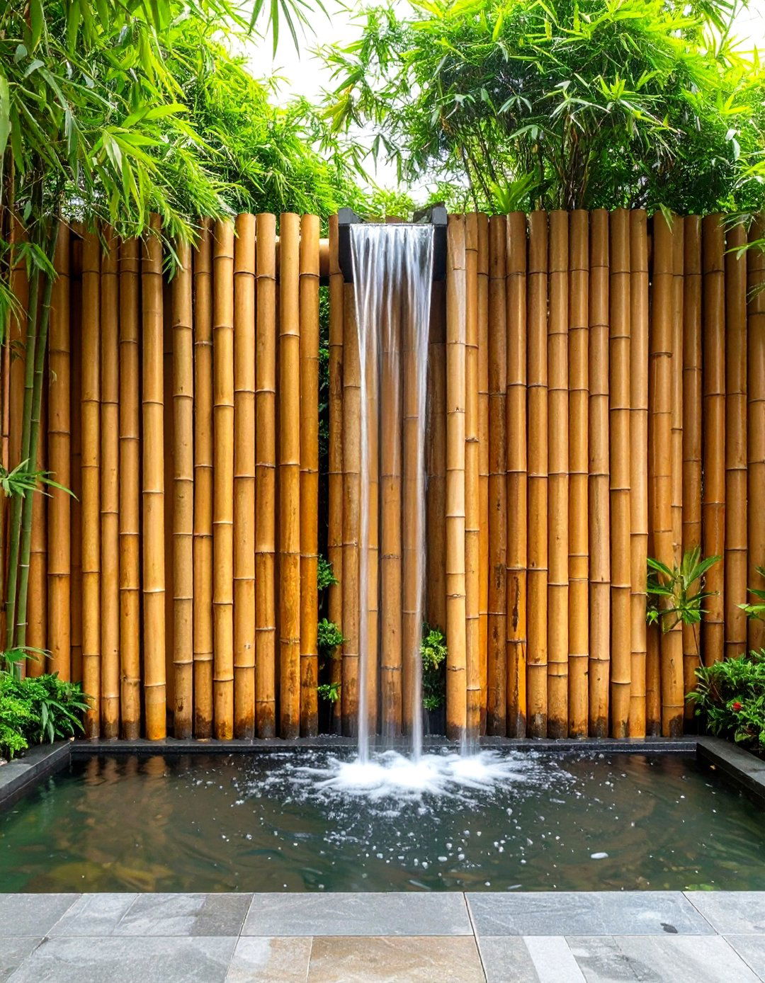 Bamboo Fountain Feature Walls - 24 Small Garden Fence Ideas