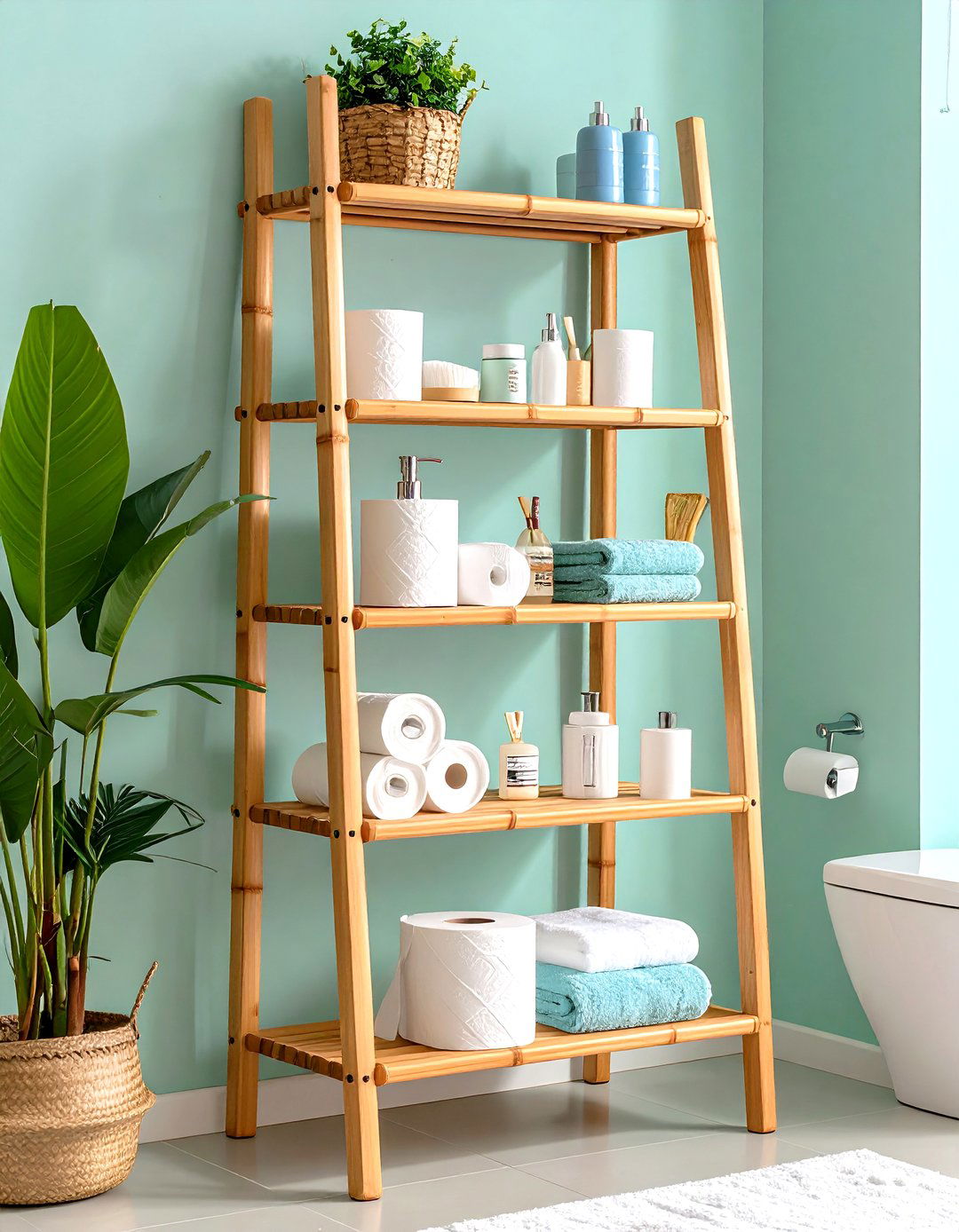 Bamboo Ladder Shelf with Natural Finish - 24 Toilet Paper Storage Ideas