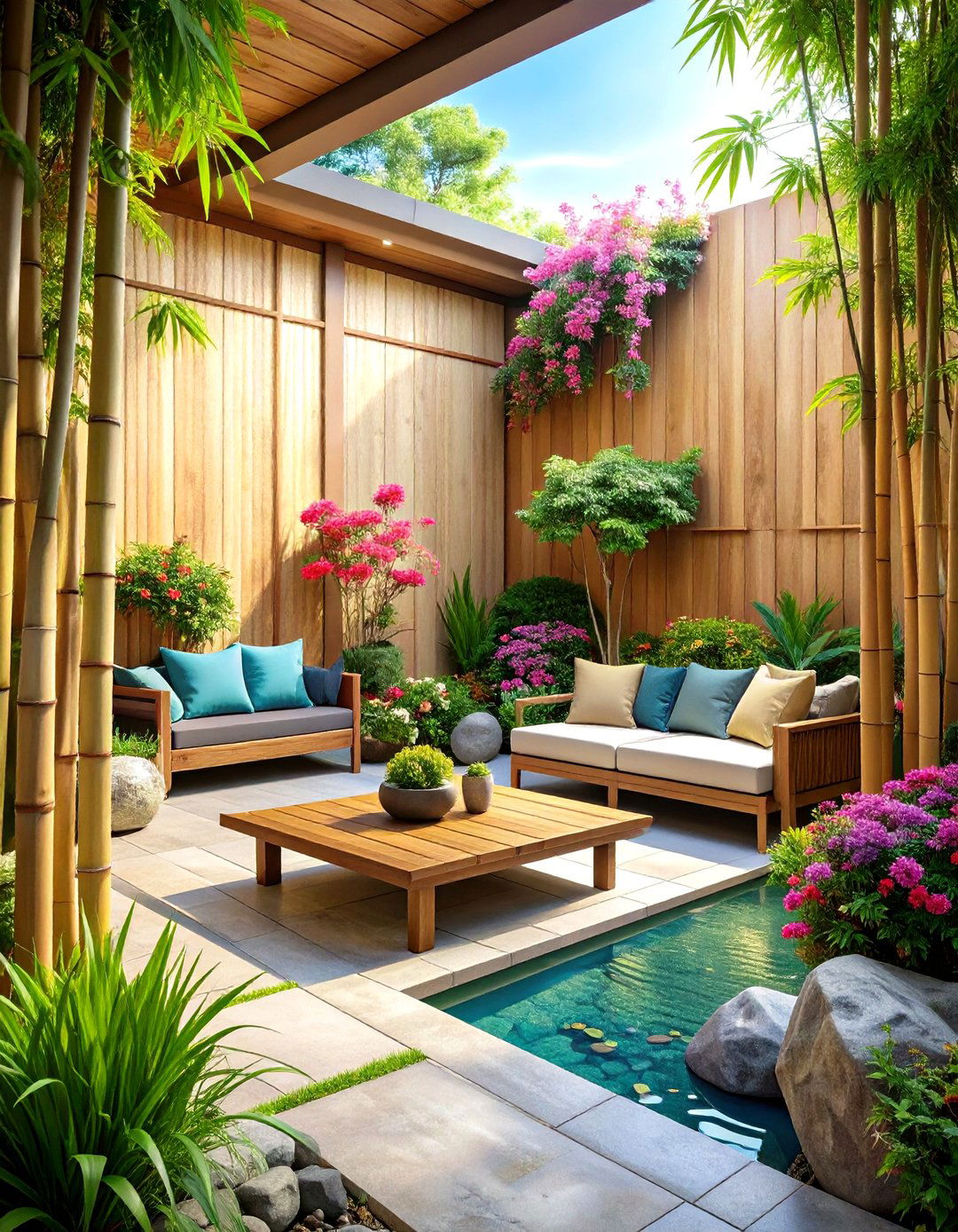 Bamboo Screen Patio Privacy with Asian Inspired Elements - 24 Patio Privacy Ideas