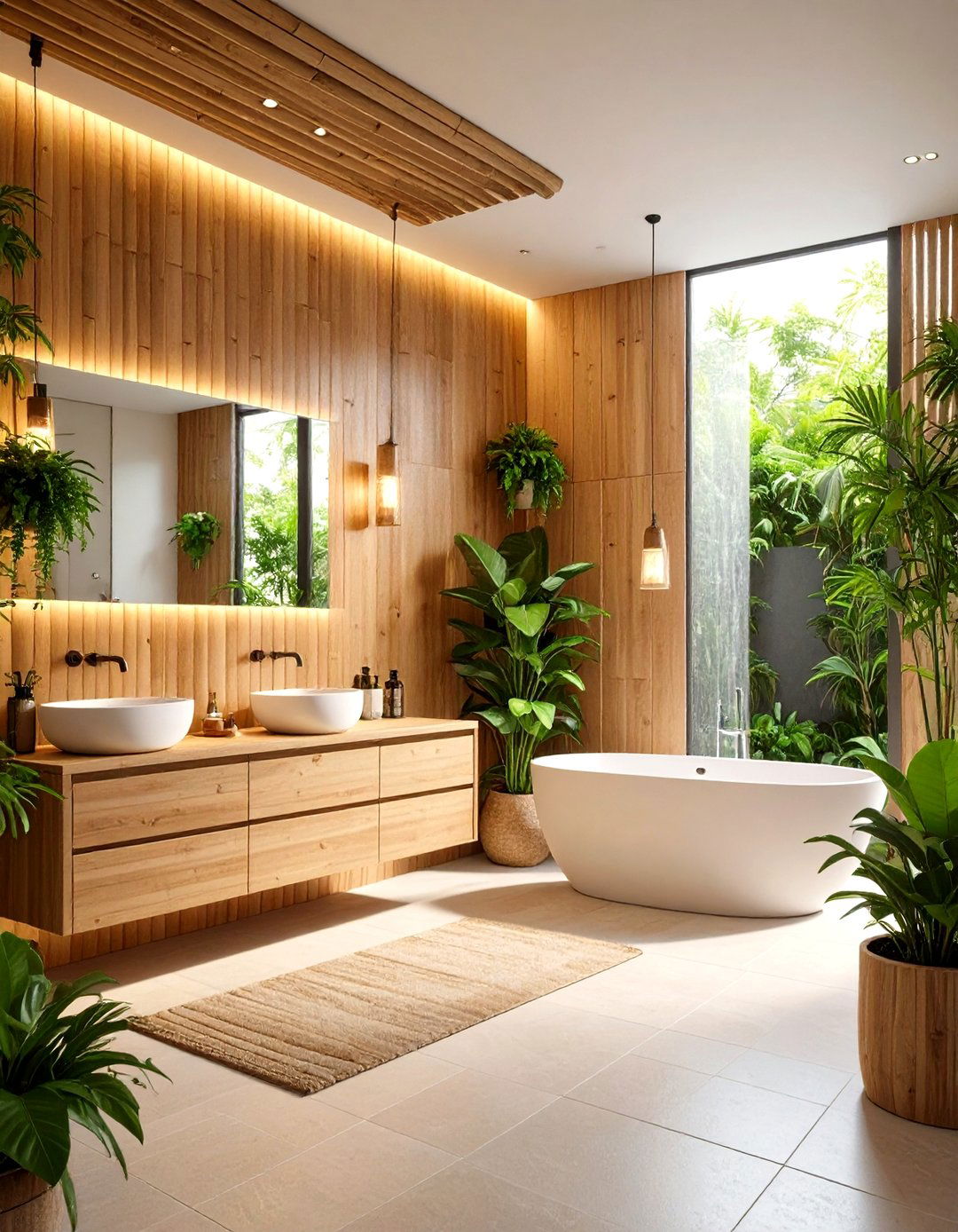 Bamboo Slat Wall with Tropical Plant Integration - 24 Wood Slat Accent Wall Ideas