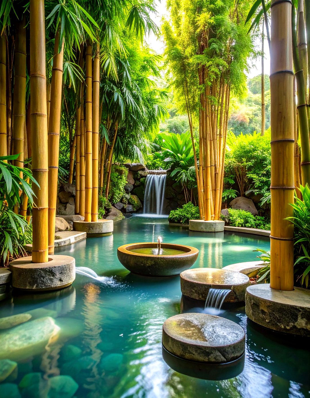 Bamboo Water Feature Zen Oasis - 24 Tropical Pool Landscaping Ideas