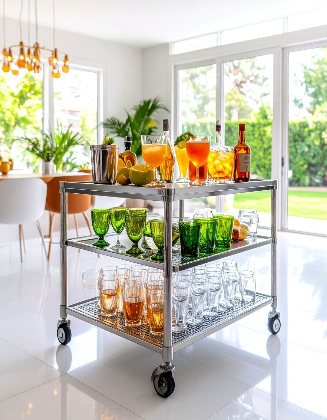 Bar Cart Styling with Colored Glassware - 24 70s Dining Room Design Ideas