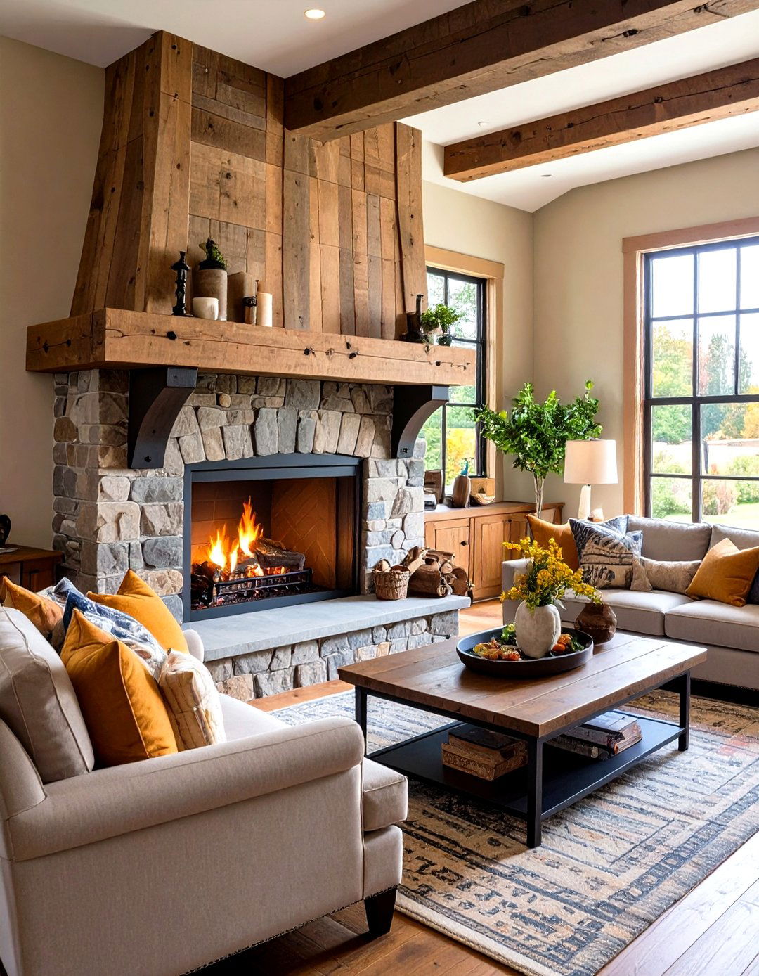 Barn Beam Mantel with Iron Corbels - 24 Wood Mantel Ideas