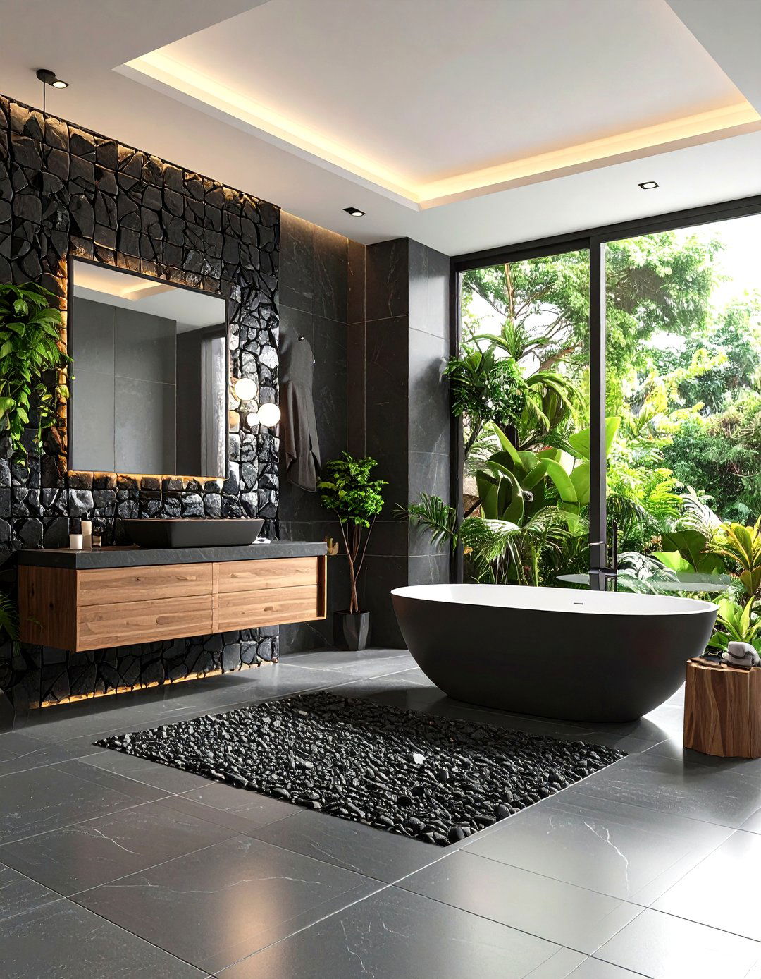 Basalt Mosaic Feature Walls - 24 Stone Bathroom Ideas