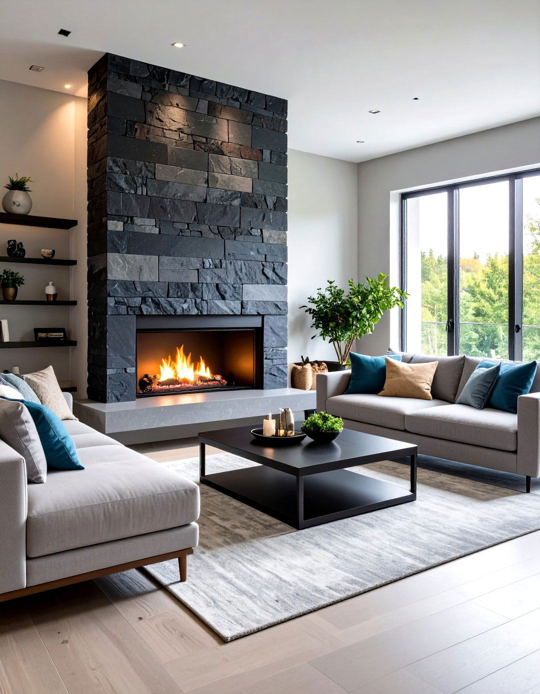 Basalt Stone Fireplace with Minimalist Nordic Design - 24 Stone Fireplace Ideas