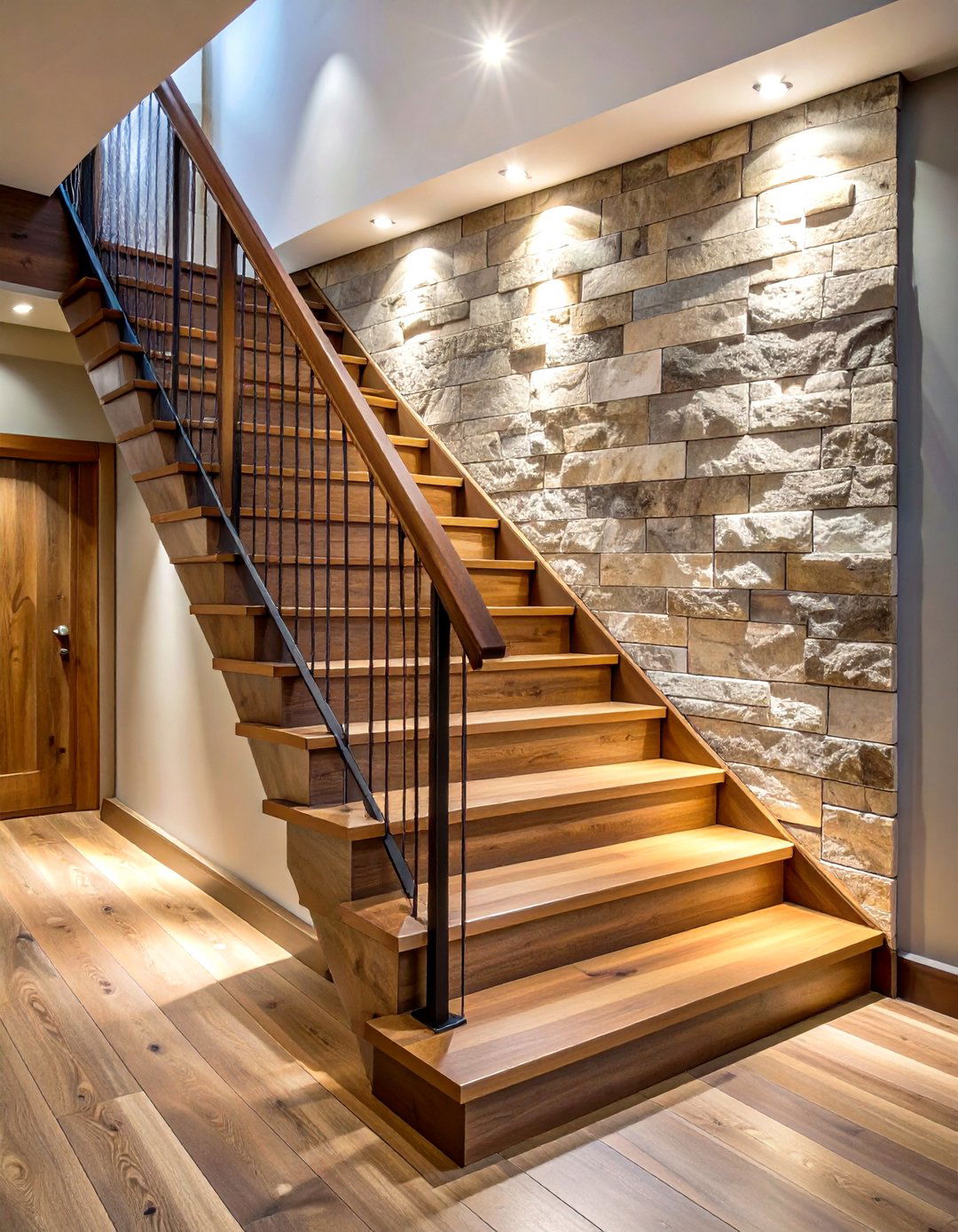 Basement Stair Accent Wall with Decorative Materials - 24 Basement Stair Ideas
