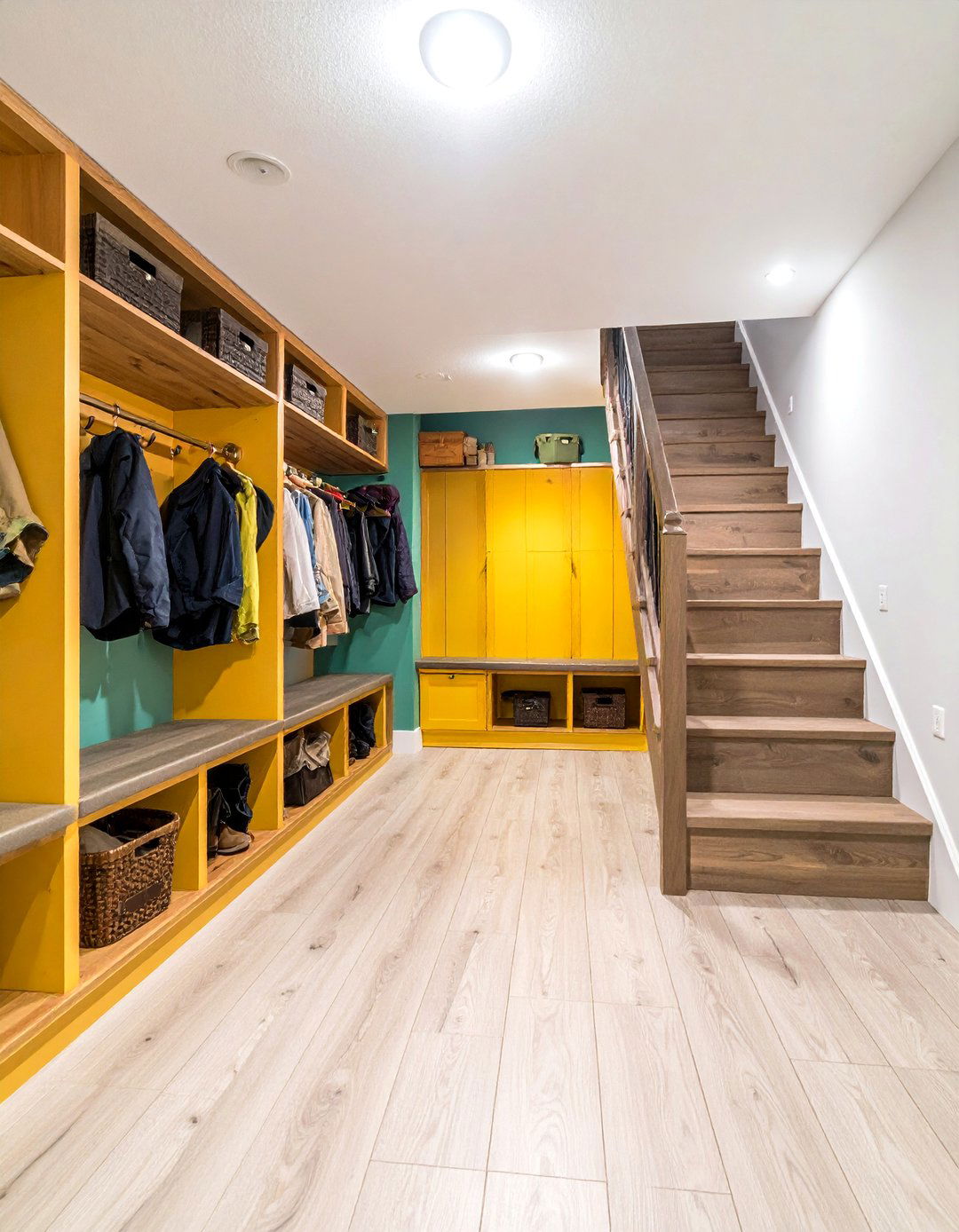 Basement Stair Mudroom Storage Integration - 24 Basement Stair Ideas