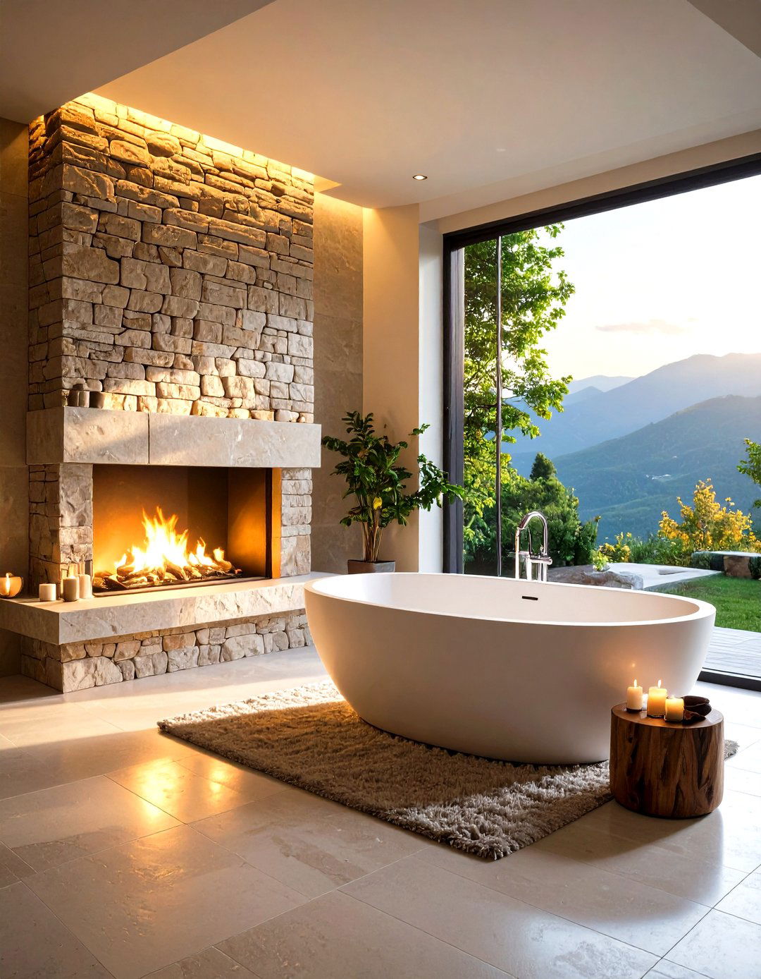 Bathroom Modern Fireplace with Natural Stone Tiles - 24 Modern Fireplace Ideas