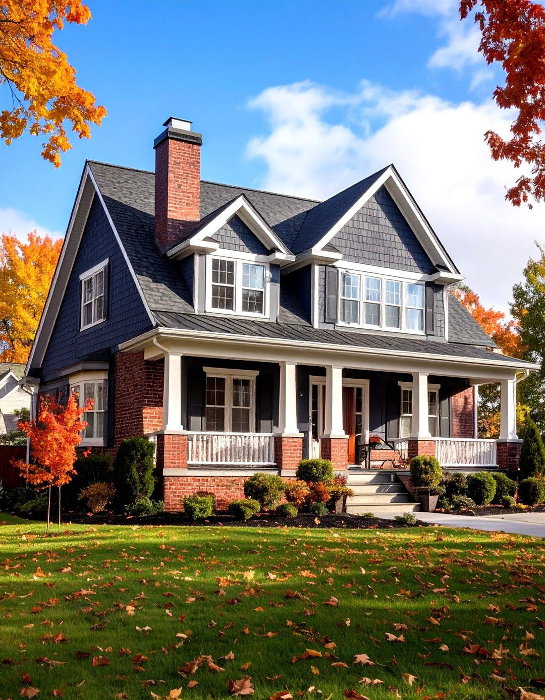 Battleship Gray Exterior with Red Brick - 24 Gray Exterior House Paint Ideas