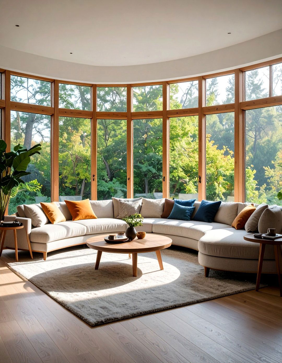 Bay Window Living Room with Curved Seating Arrangement - 24 Awkward Living Room Layout Ideas