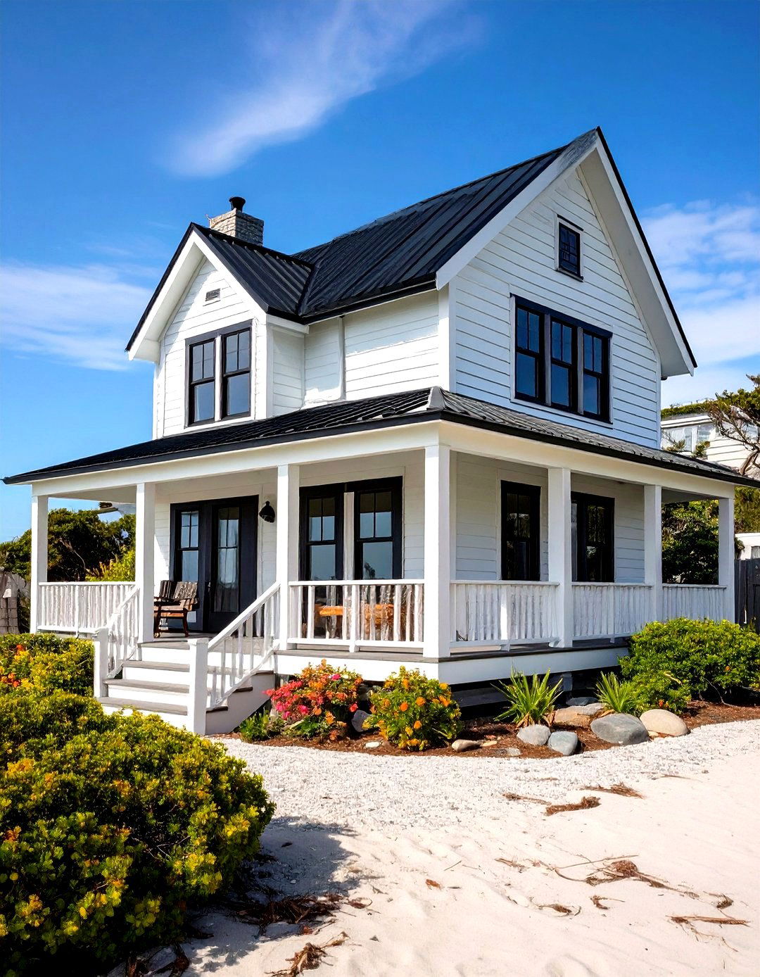 Beach Cottage with Black Metal Roofing - 24 single story white house black trim
