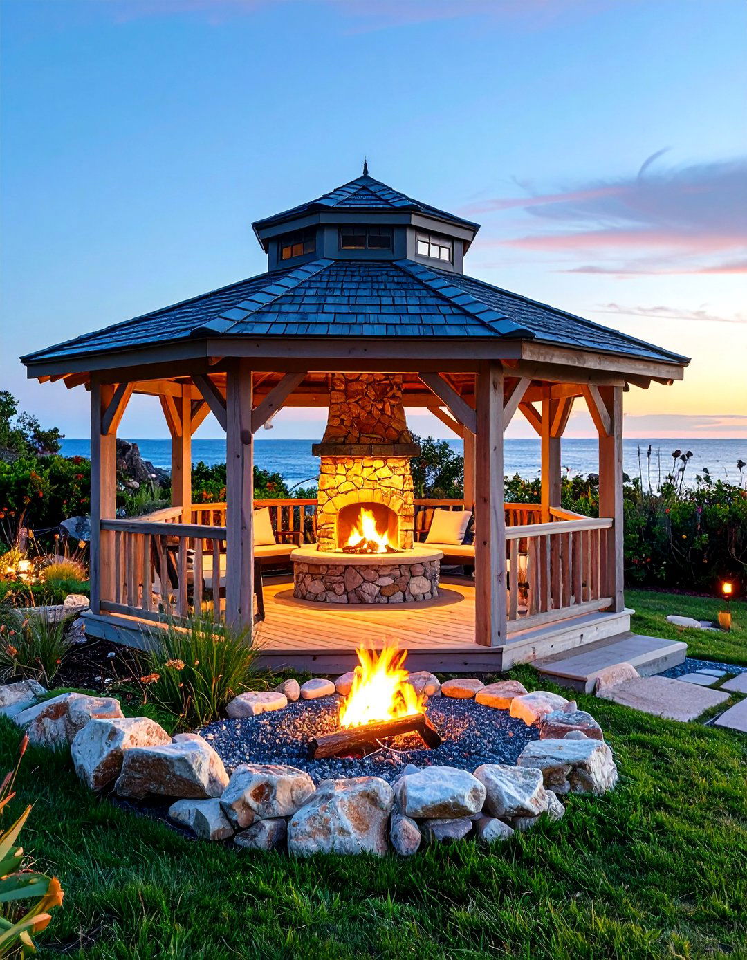 Beach House Gazebo With Driftwood Fire Feature - 24 Gazebo With Fireplace