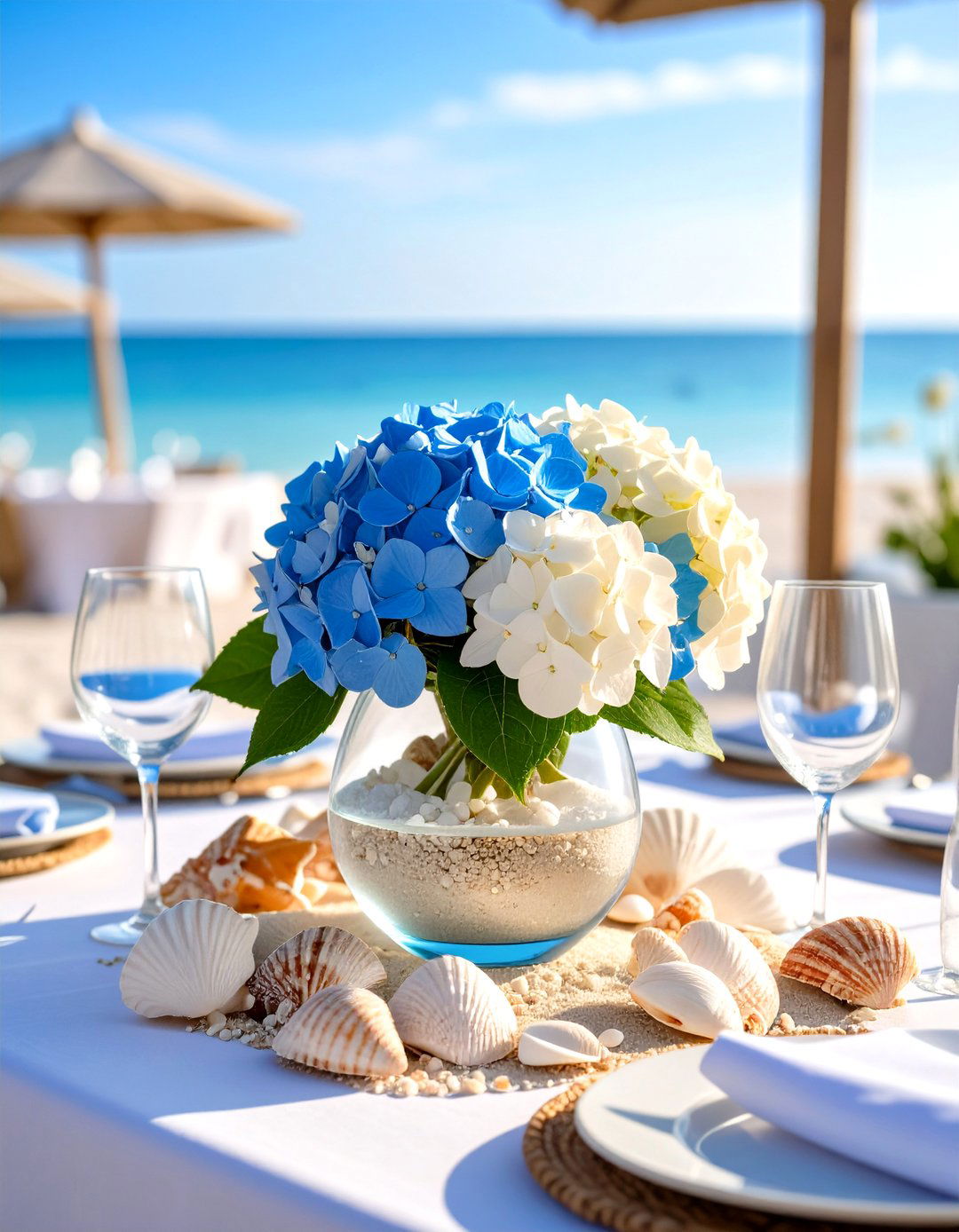 Beach Themed Hydrangea and Shell Centerpieces - 24 Hydrangea Centerpiece Ideas
