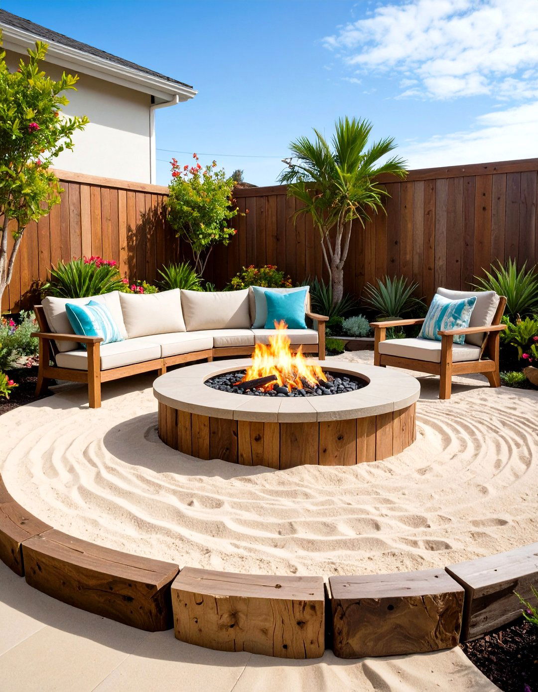 Beach Themed Sand Fire Pit with Driftwood Accents - 24 Fire Pit Ideas