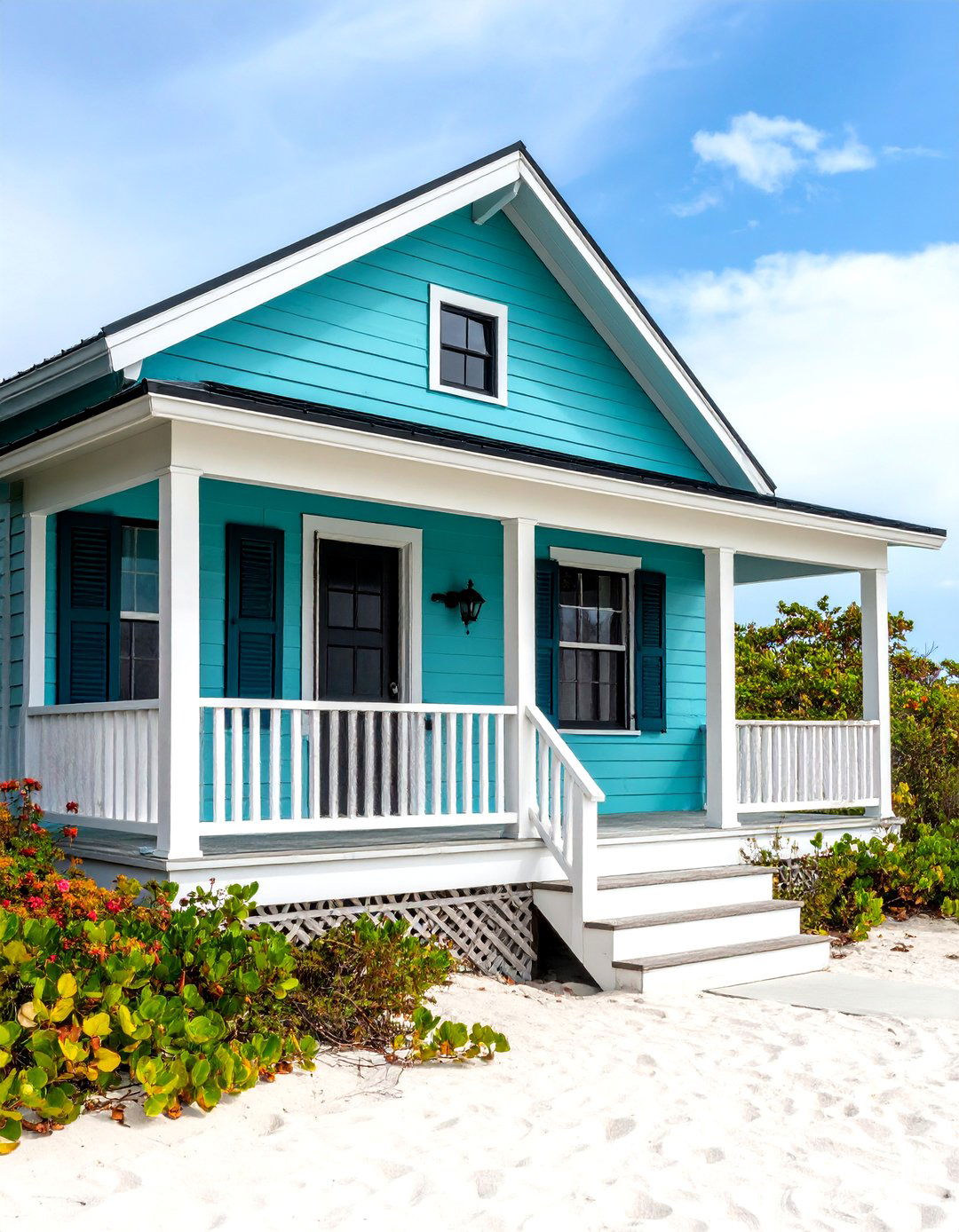Beachfront Bungalow in Aqua Blue with Black Trim - 24 Blue House With Black Trim Ideas