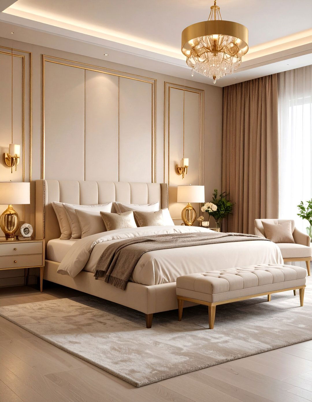 Beige Bedroom with Metallic Glamour - 24 Beige Bedroom Ideas