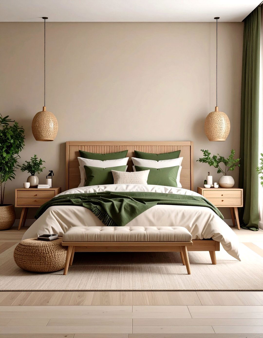 Beige Brown Walls with Dark Green Textile Layers - 24 Green and Brown Bedroom Ideas