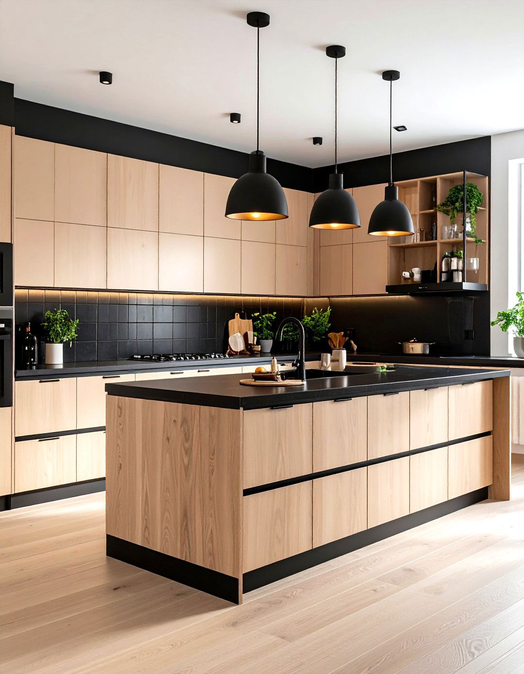 Beige Cabinets with Bold Black Accents - 24 Kitchens With Beige Kitchen Cabinets