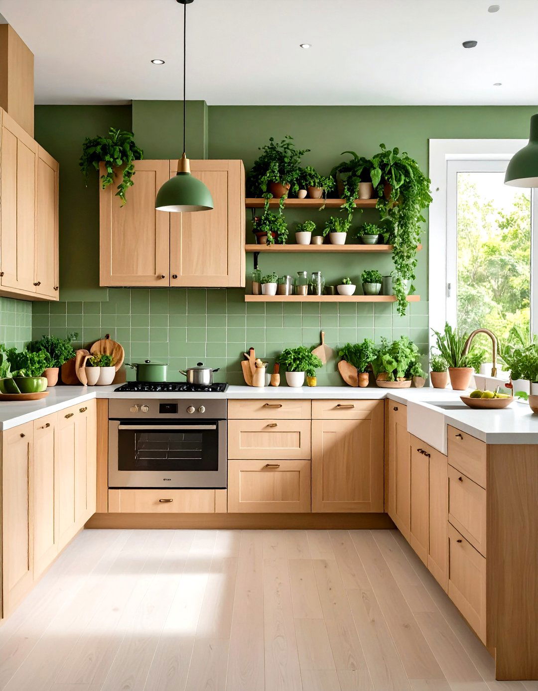 Beige Cabinets with Green Accents - 24 Kitchens With Beige Kitchen Cabinets