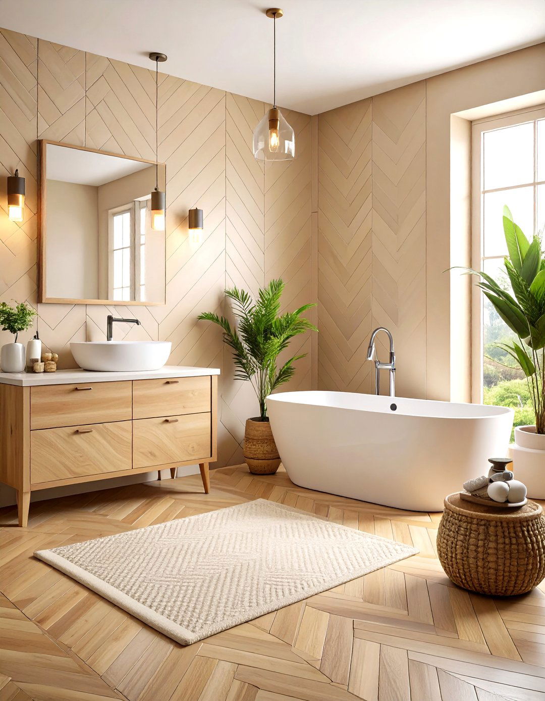 Beige Herringbone Pattern Visual Interest - 24 Beige Bathroom Ideas