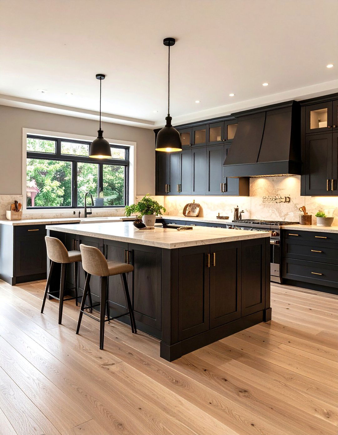 Beige Limestone and Black Wood Kitchen - 24 black and beige kitchen ideas
