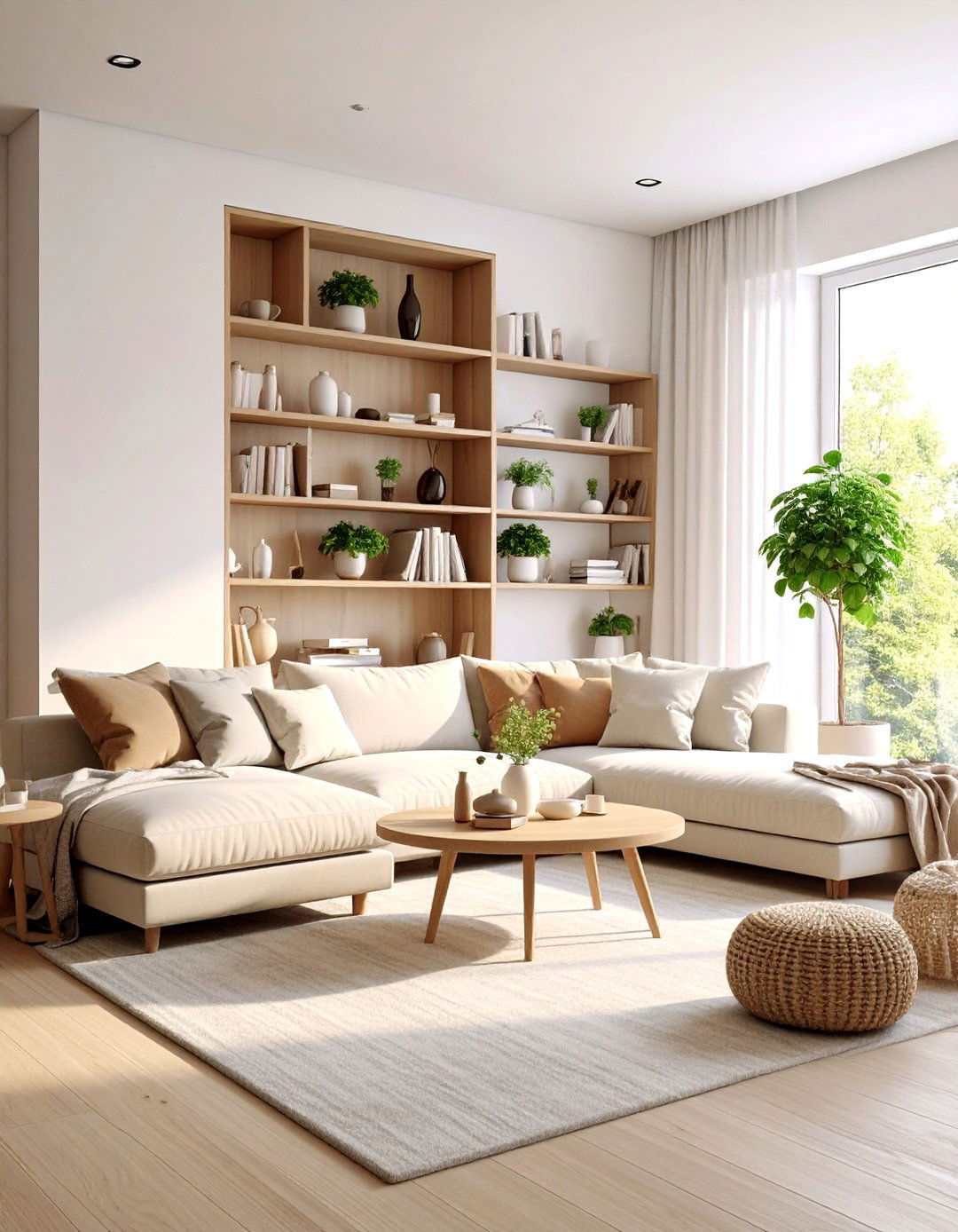 Beige Living Room with Built in Shelving - 24 Beige Living Room Ideas