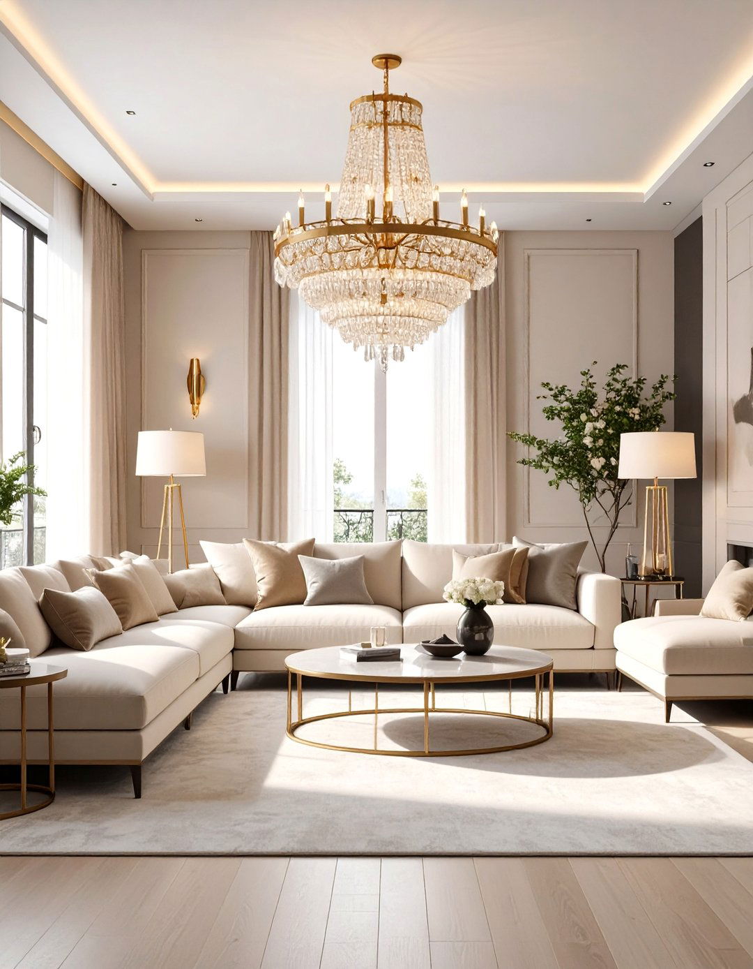 Beige Living Room with Statement Lighting - 24 Beige Living Room Ideas