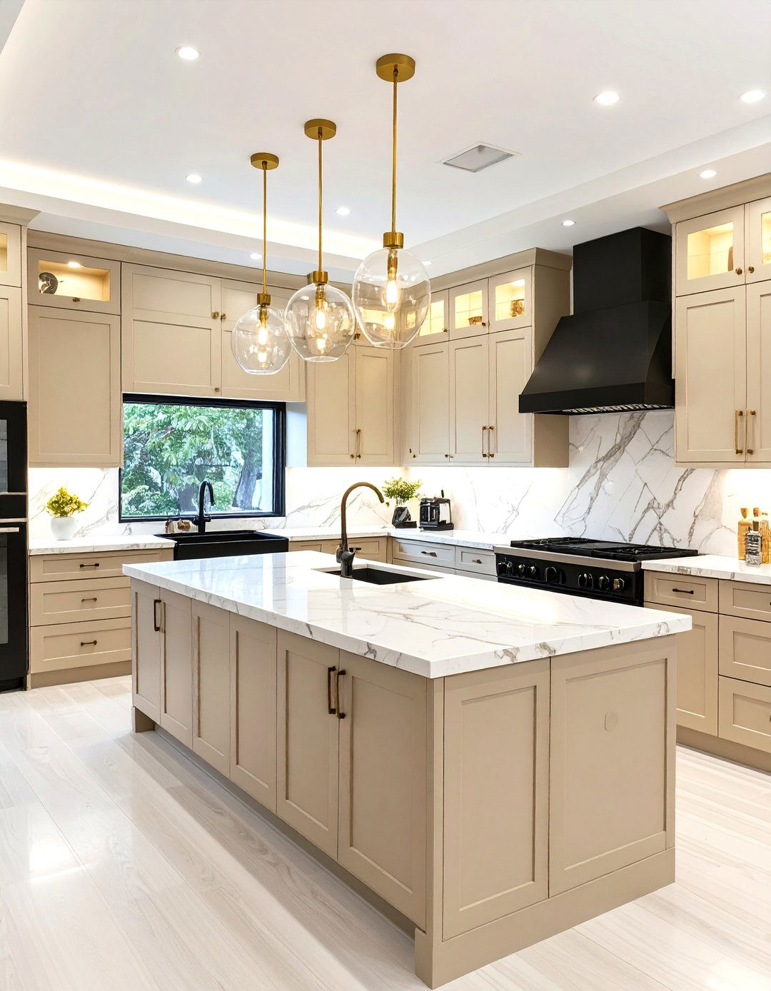 Beige Marble Backsplash with Black Accents - 24 black and beige kitchen ideas