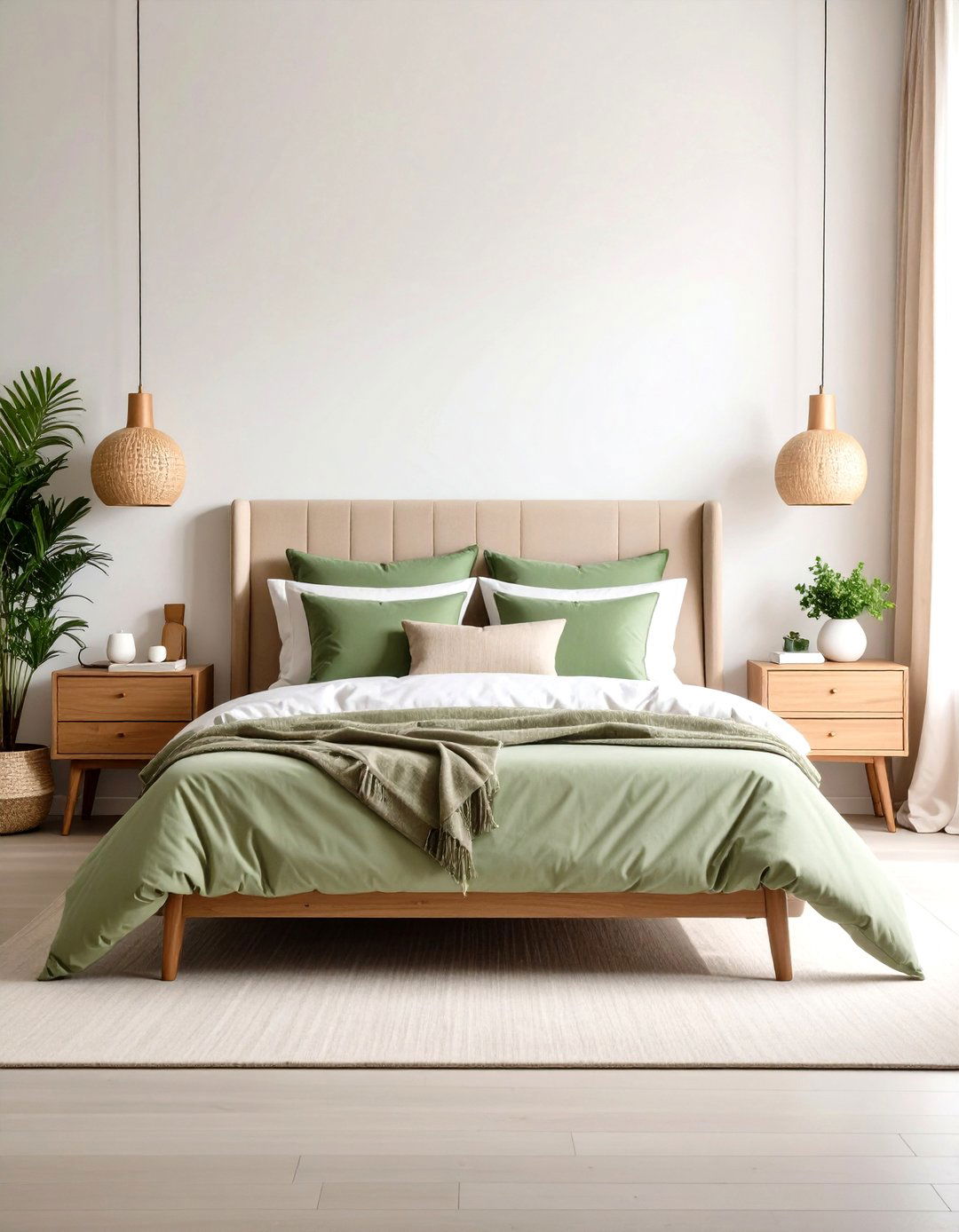 Beige Upholstered Bed with Green Accents - 24 Green and Beige Bedroom Ideas