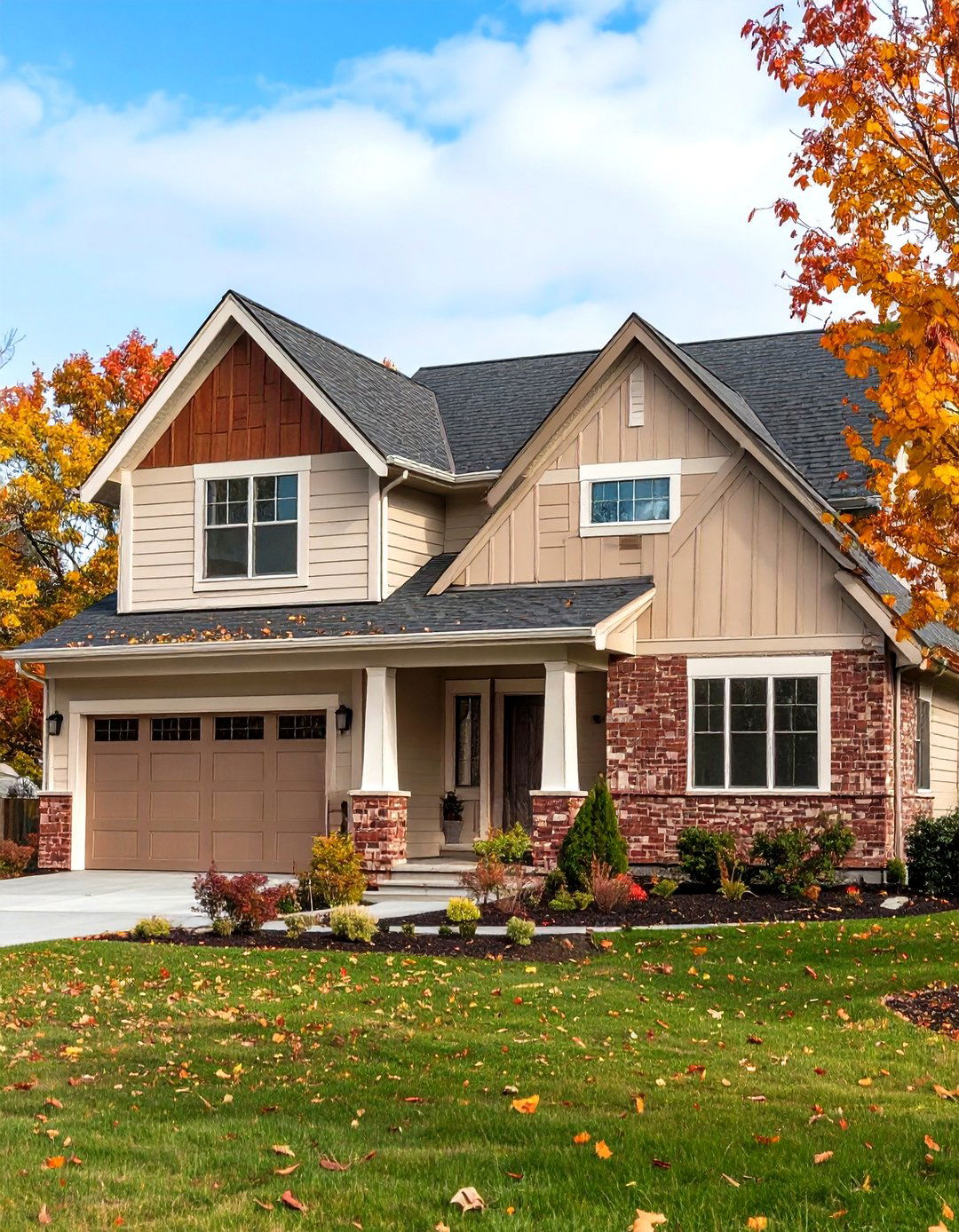 Beige Vinyl with Mixed Red and Brown Brick Accents - 24 Vinyl Siding and Brick Combinations