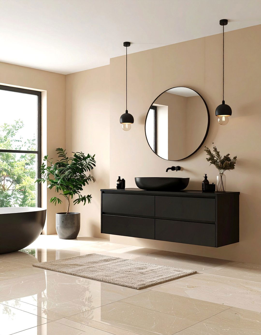 Beige and Black Contemporary Contrast - 24 Beige Bathroom Ideas