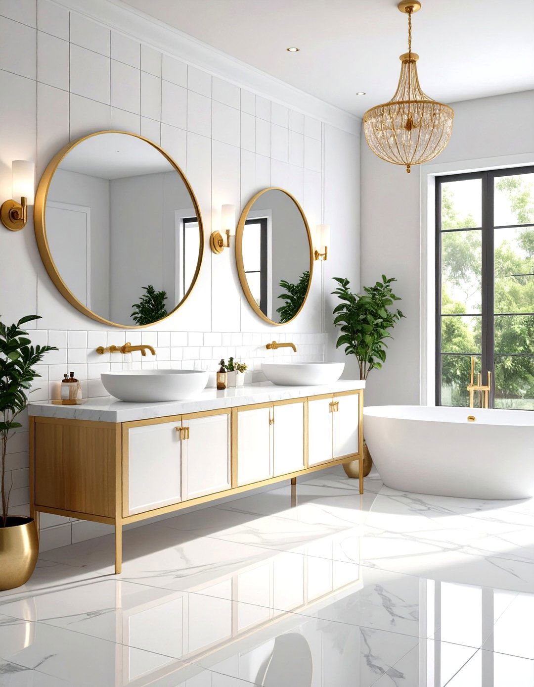 Beveled Tile Elegance - 24 White and Gold Bathroom Ideas