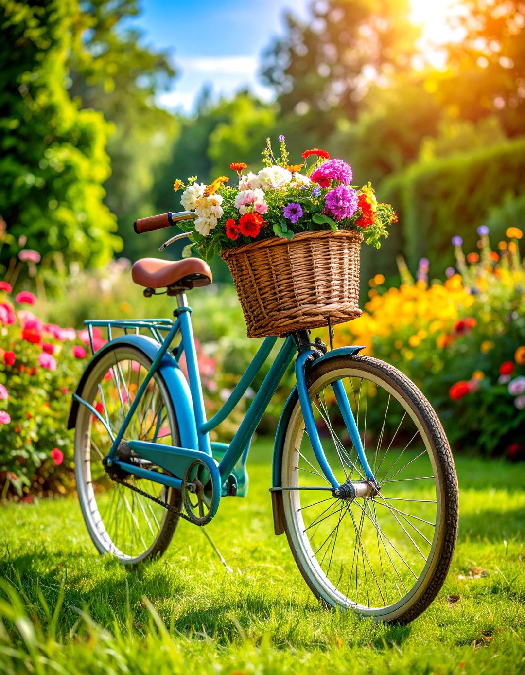 Bicycle Planter Display with Front Basket - 24 Old Bicycle Garden Ideas
