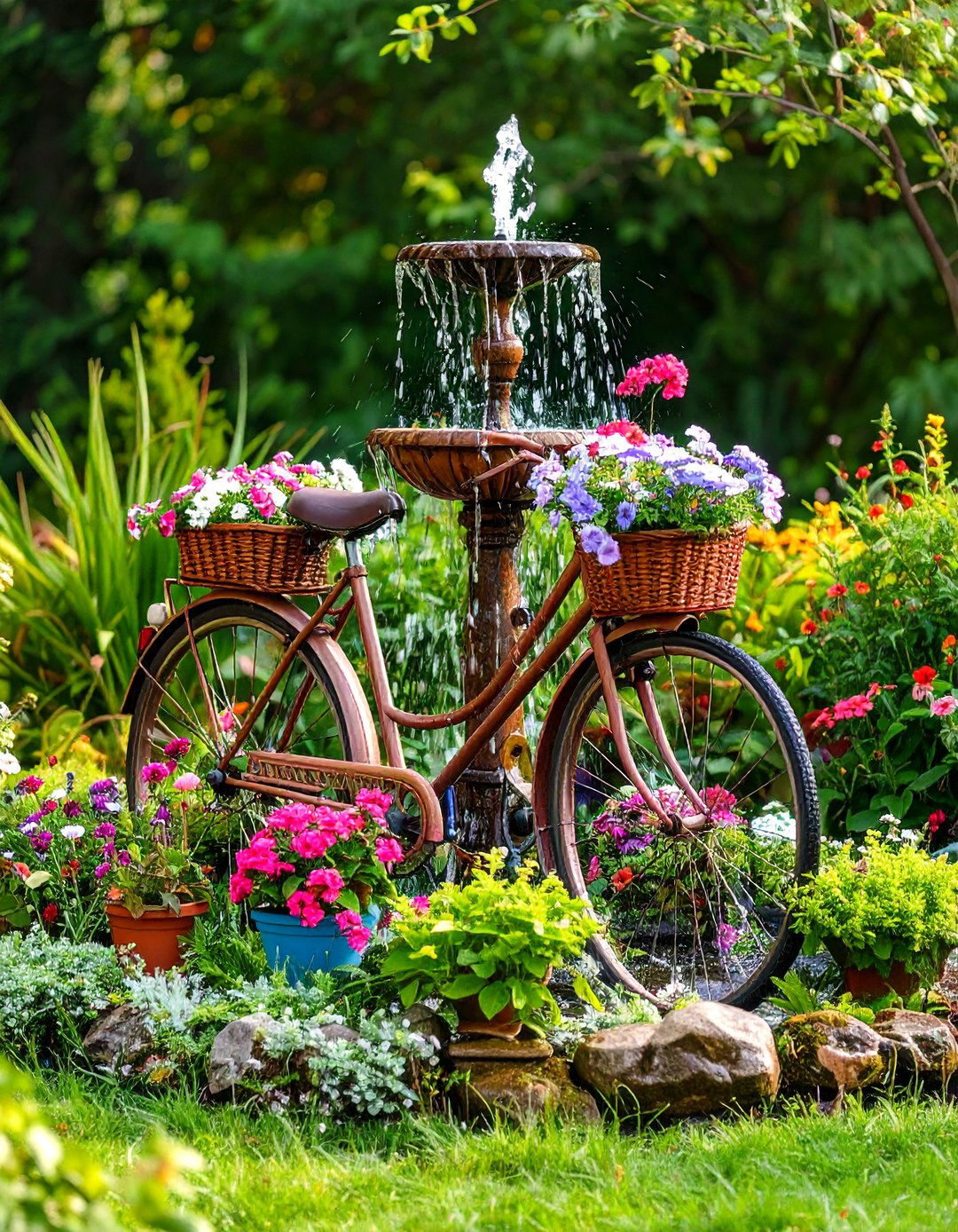 Bicycle Water Feature Fountain - 24 Old Bicycle Garden Ideas