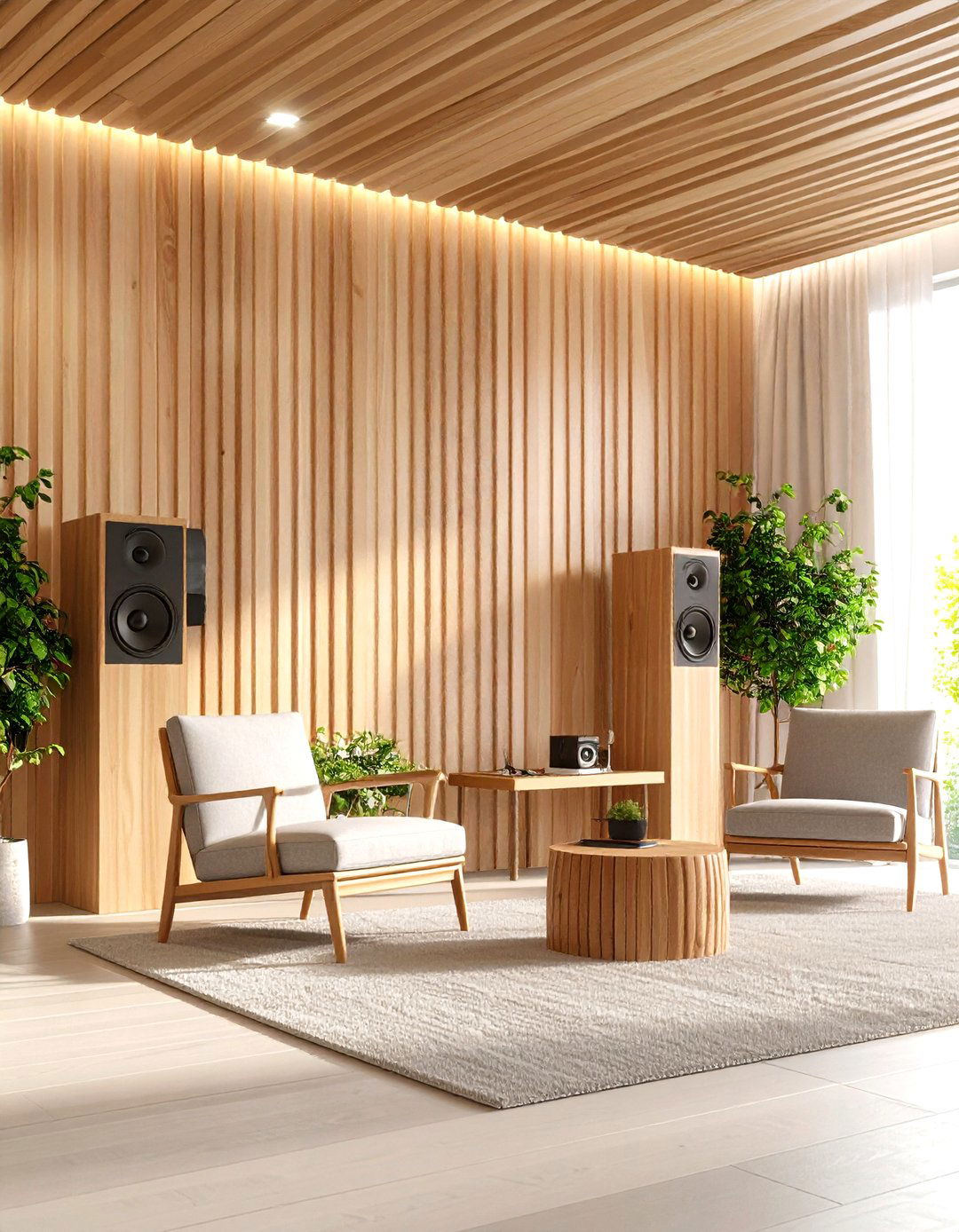 Birch Slat Wall with Integrated Sound System Speakers - 24 Wood Slat Accent Wall Ideas