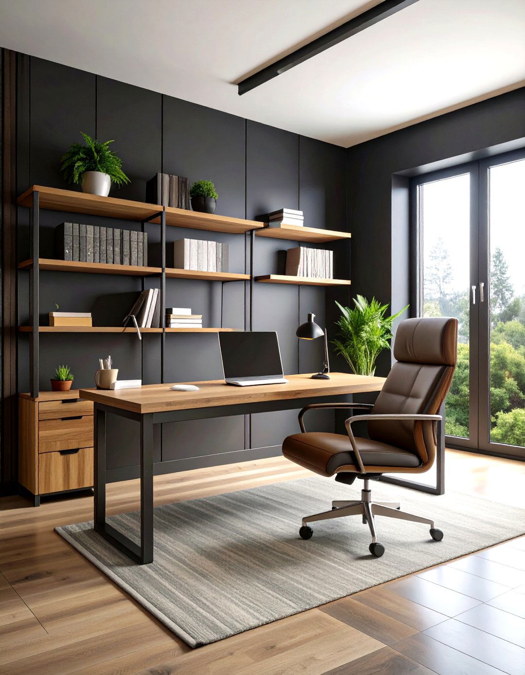 Black Accent Wall Office with Mixed Materials - 24 dark home office design ideas