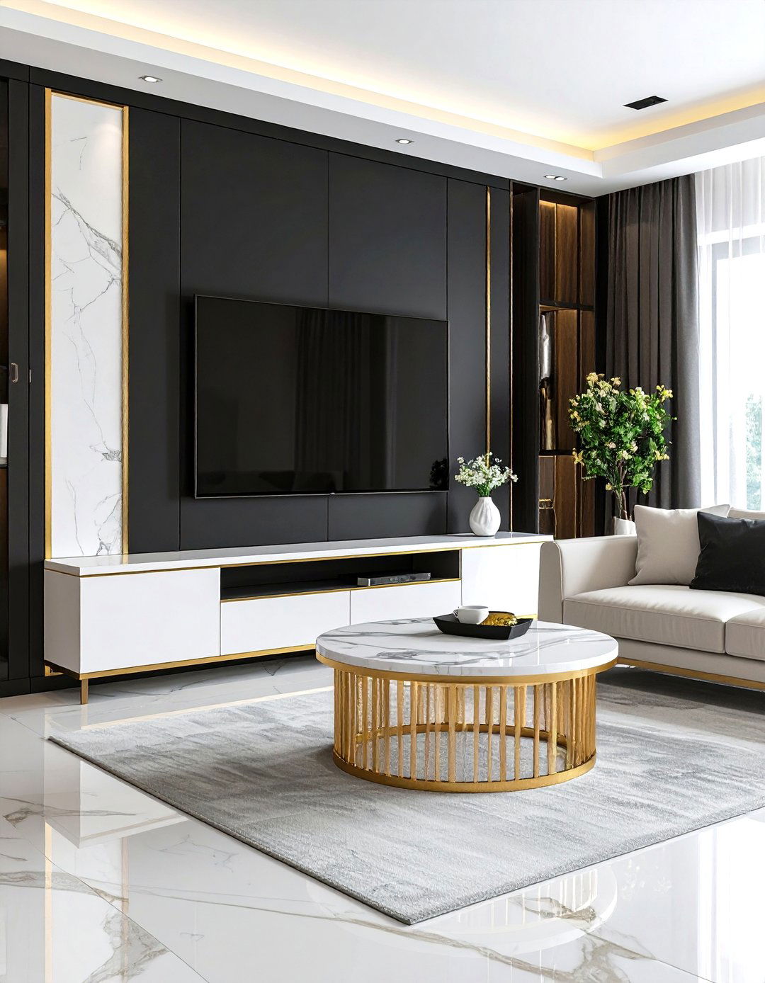 Black Accent Wall with Floating TV and Bistro Table - 24 Small Living Room Ideas With Tv and Dining Table