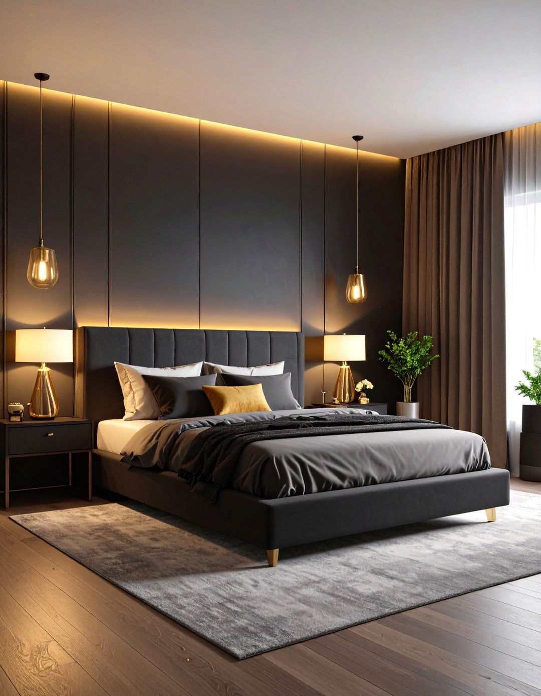 Black Accent Wall with Warm Lighting - 24 Black Accent Wall Bedroom Ideas