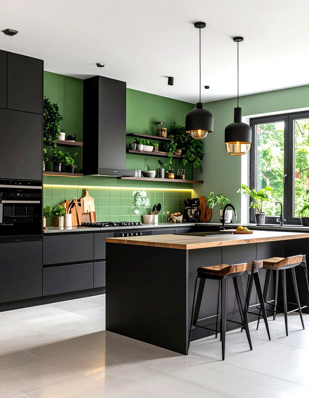 Black Appliance Suite with Sage Green Backsplash and Accents - 24 Sage Green and Black Kitchen Ideas