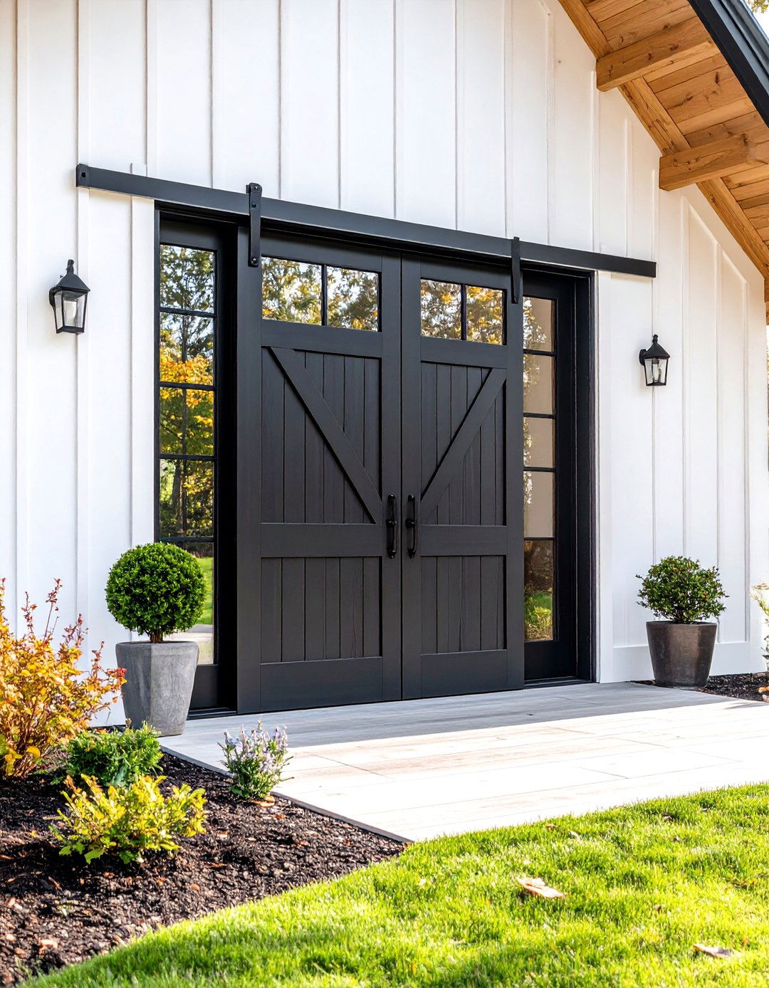 Black Barn Door Exterior Entrance - 24 White House Ideas With Black Doors