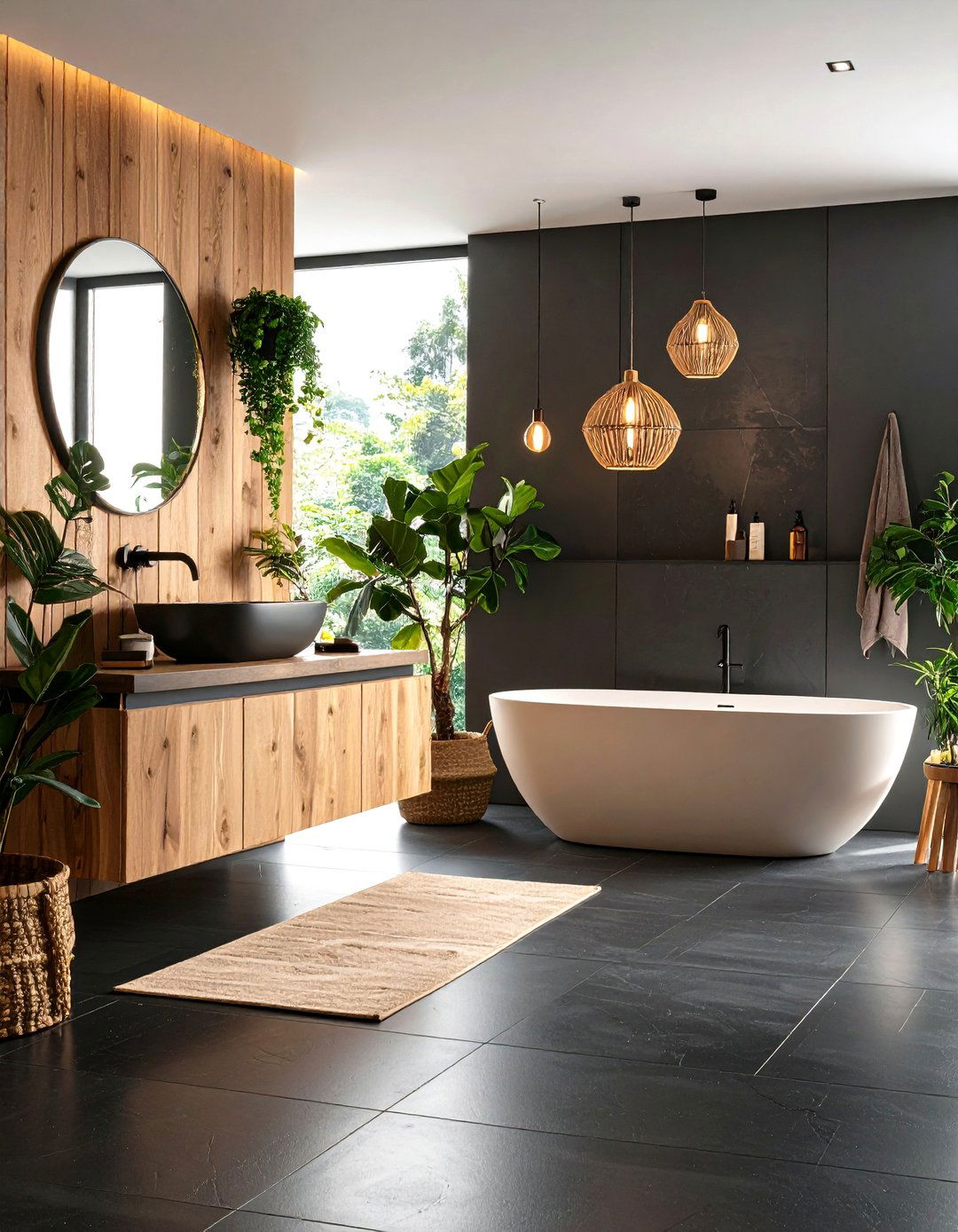 Black Bathroom Floors with Wood Accents - 24 Black Floor Bathroom Ideas